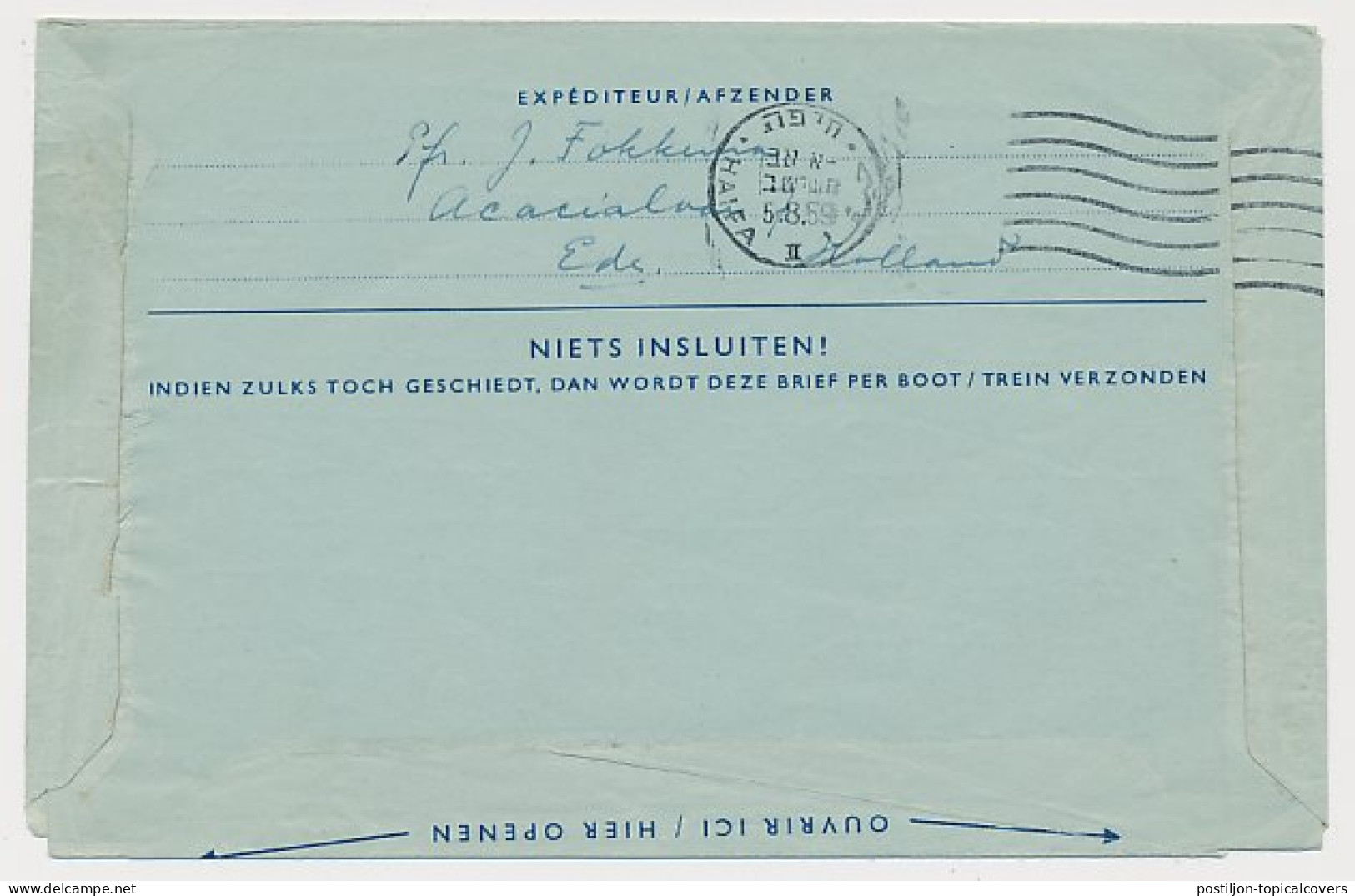 Luchtpostblad G. Ede - Nahariya Israel 1959 - Entiers Postaux