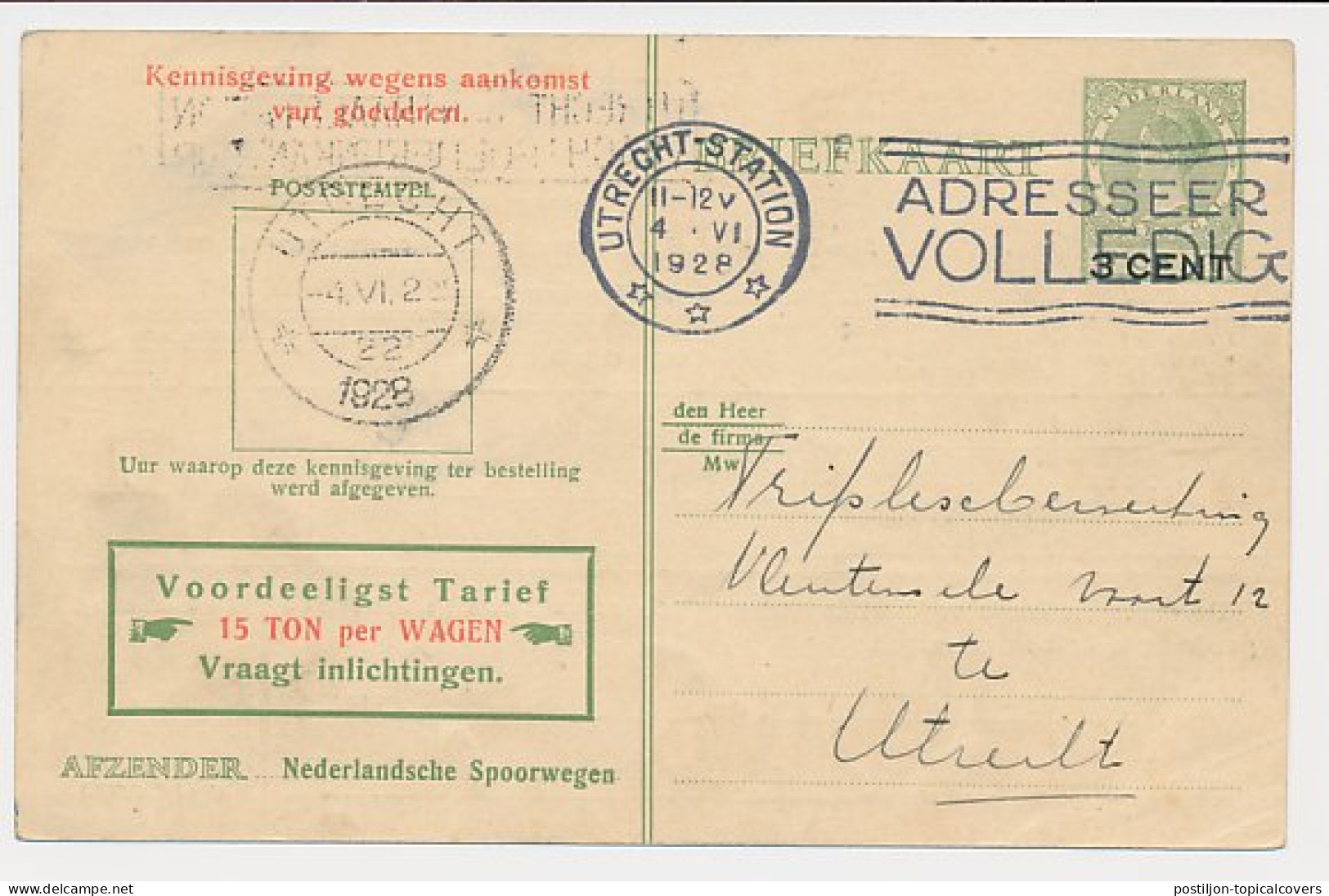 Spoorwegbriefkaart G. PNS216 C - Locaal Te Utrecht 1928 - Entiers Postaux