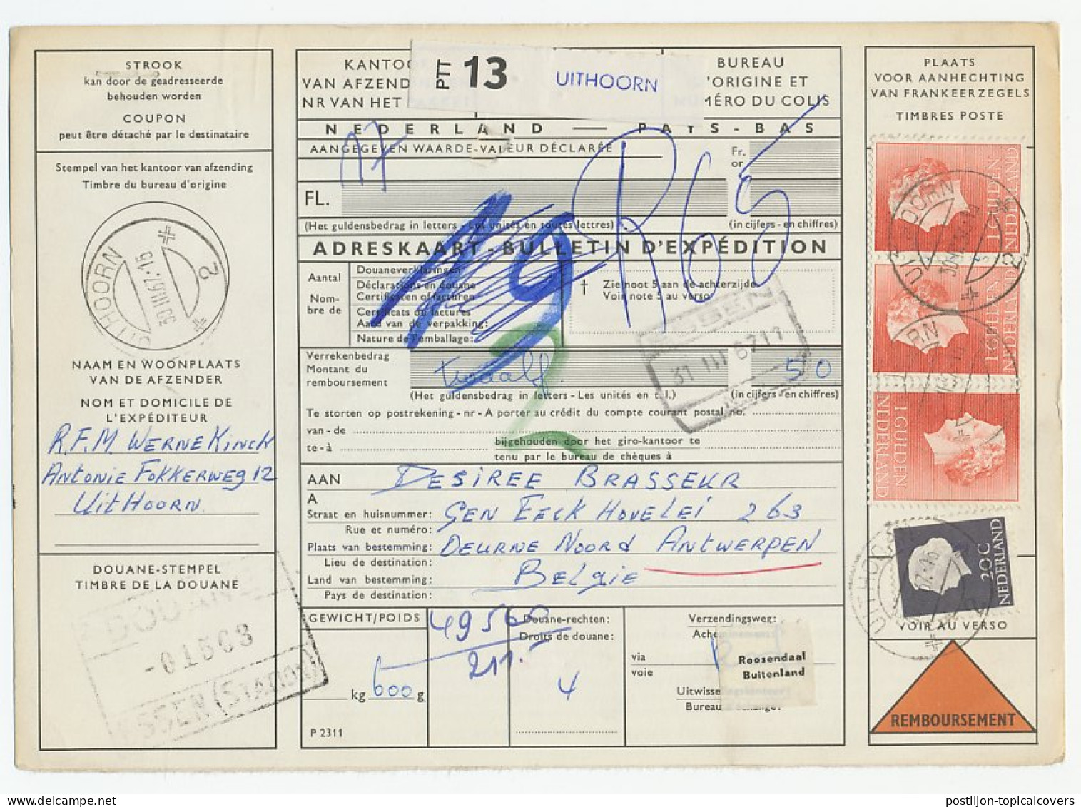 Em. Juliana Remboursement Pakketkaart Uithoorn - Belgie 1965 - Unclassified