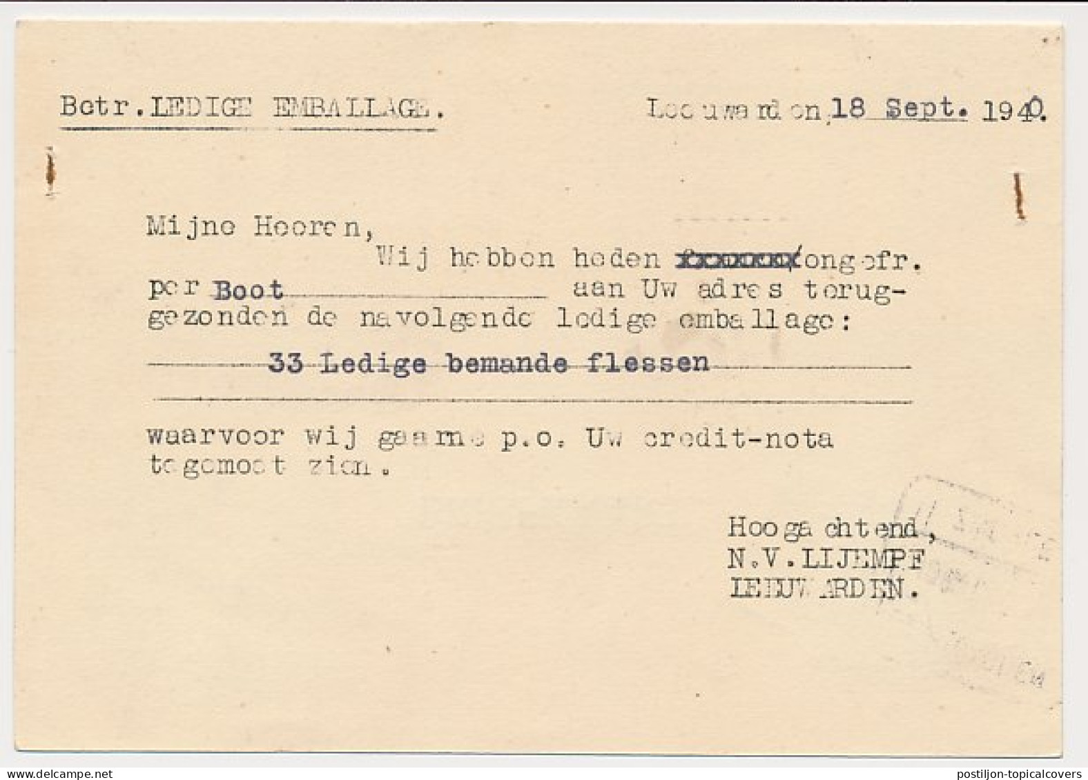 Firma Briefkaart Leeuwarden 1940 - IJs- En Melkpoederfabrieken - Non Classés