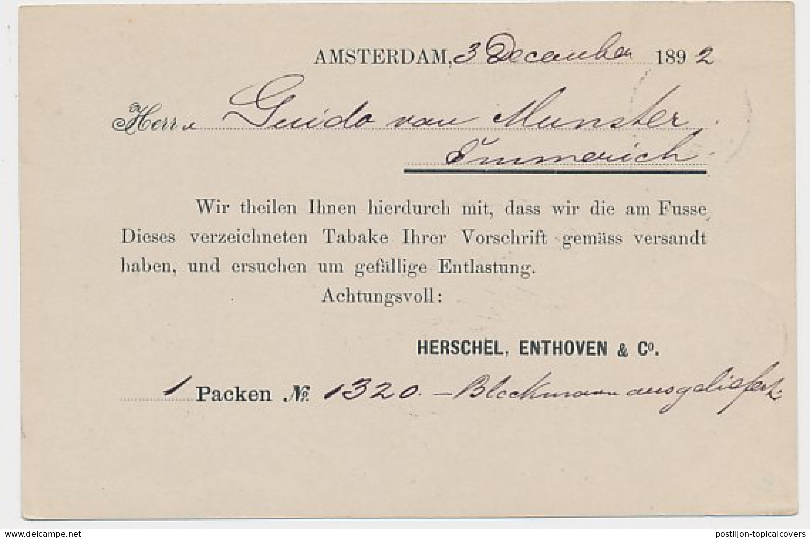 Briefkaart G. 29 Particulier Bedrukt Amsterdam - Duitsland 1892 - Entiers Postaux