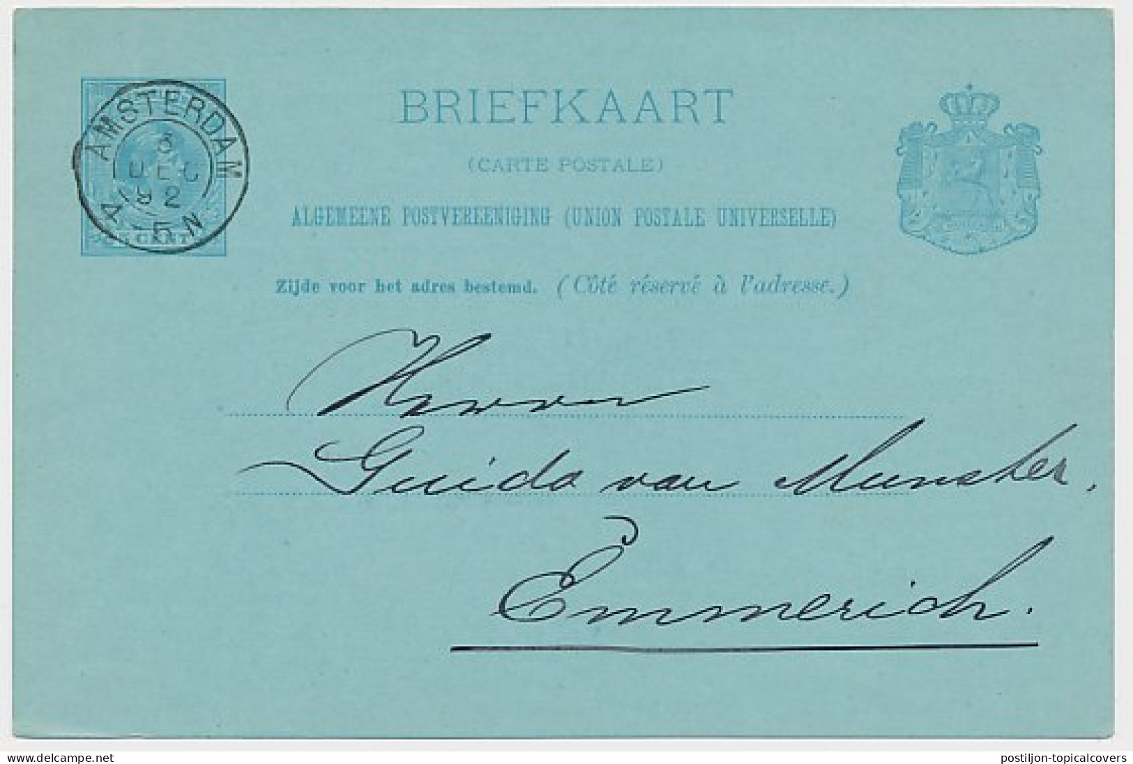 Briefkaart G. 29 Particulier Bedrukt Amsterdam - Duitsland 1892 - Entiers Postaux