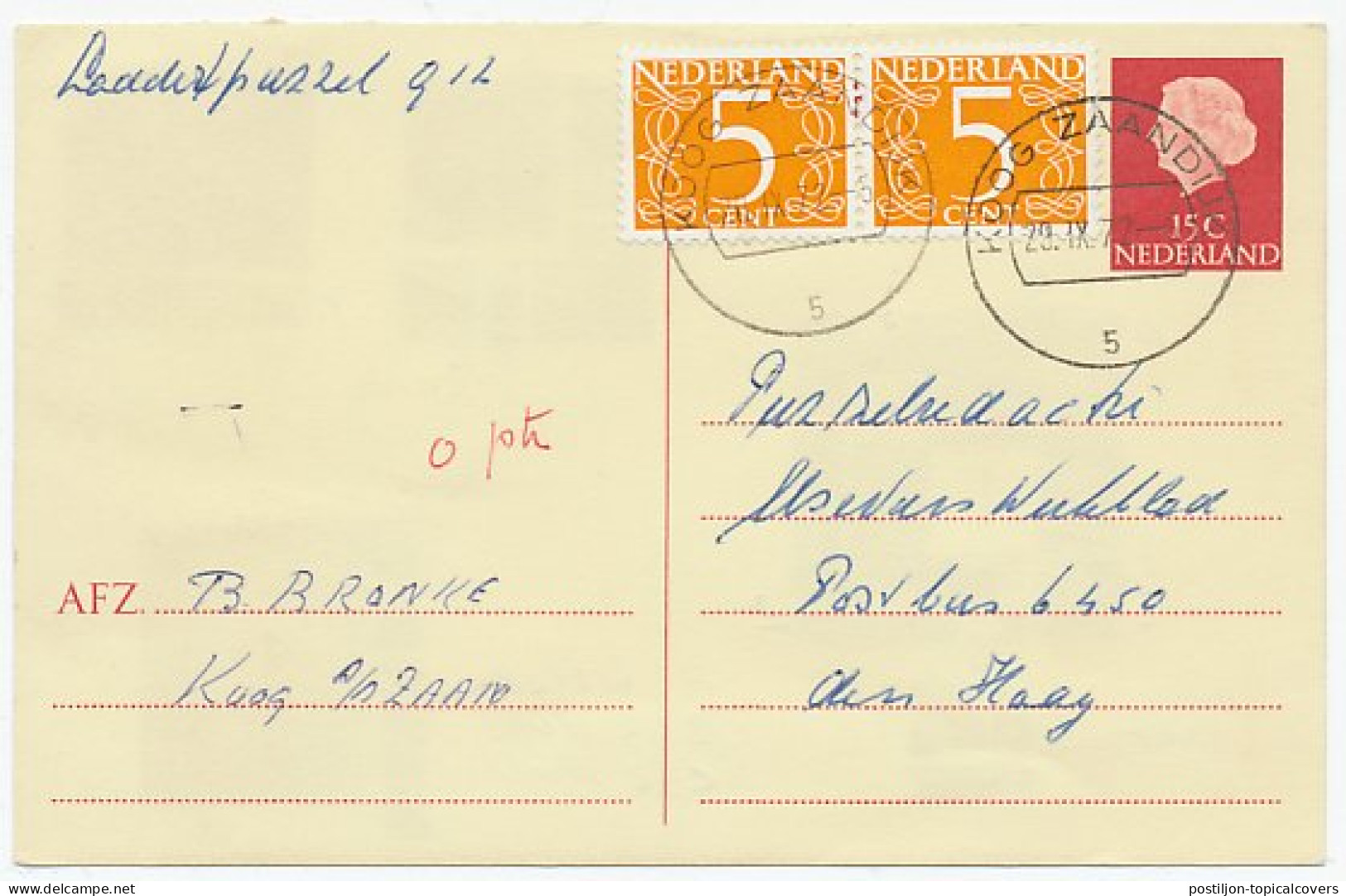 Briefkaart G. 338 / Bijfrankering Koog Zaandijk - Den Haag 1972 - Ganzsachen