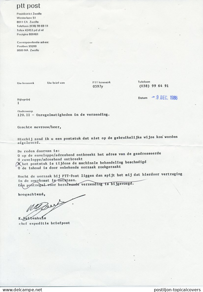 Door Verwerking Beschadigd Zwolle 1988 -Inclusief Verklaring PTT - Non Classés