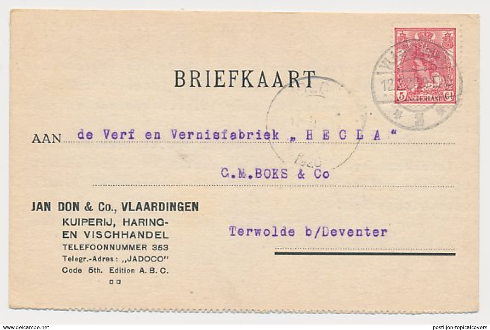 Firma Briefkaart Vlaardingen 1920 - Kuiperij - Haringhandel - Sin Clasificación
