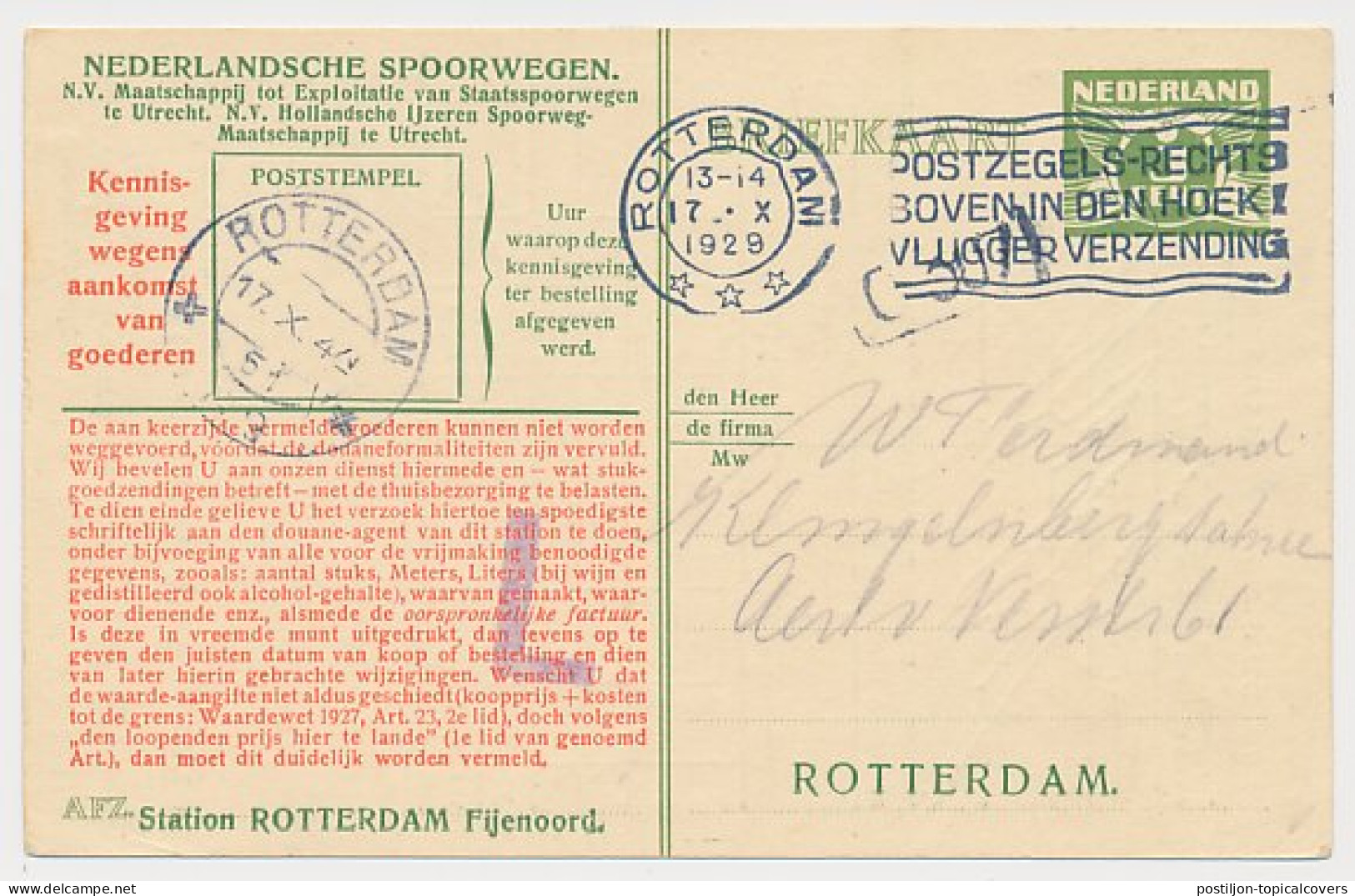Spoorwegbriefkaart G. NS222 Q - Locaal Te Rotterdam 1929 - Entiers Postaux