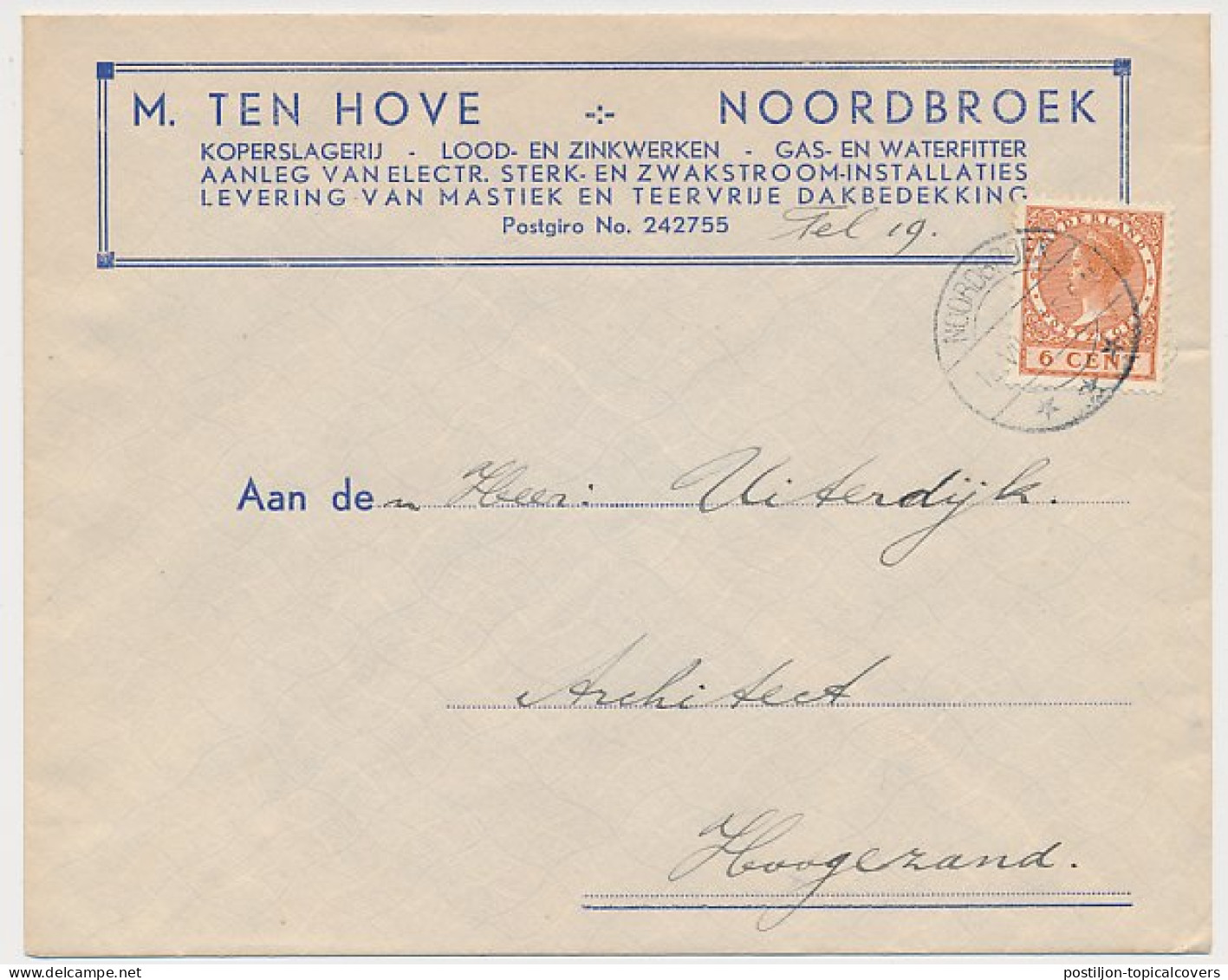 Firma Envelop Noordbroek 1937 - Koperslagerij Etc. - Non Classés