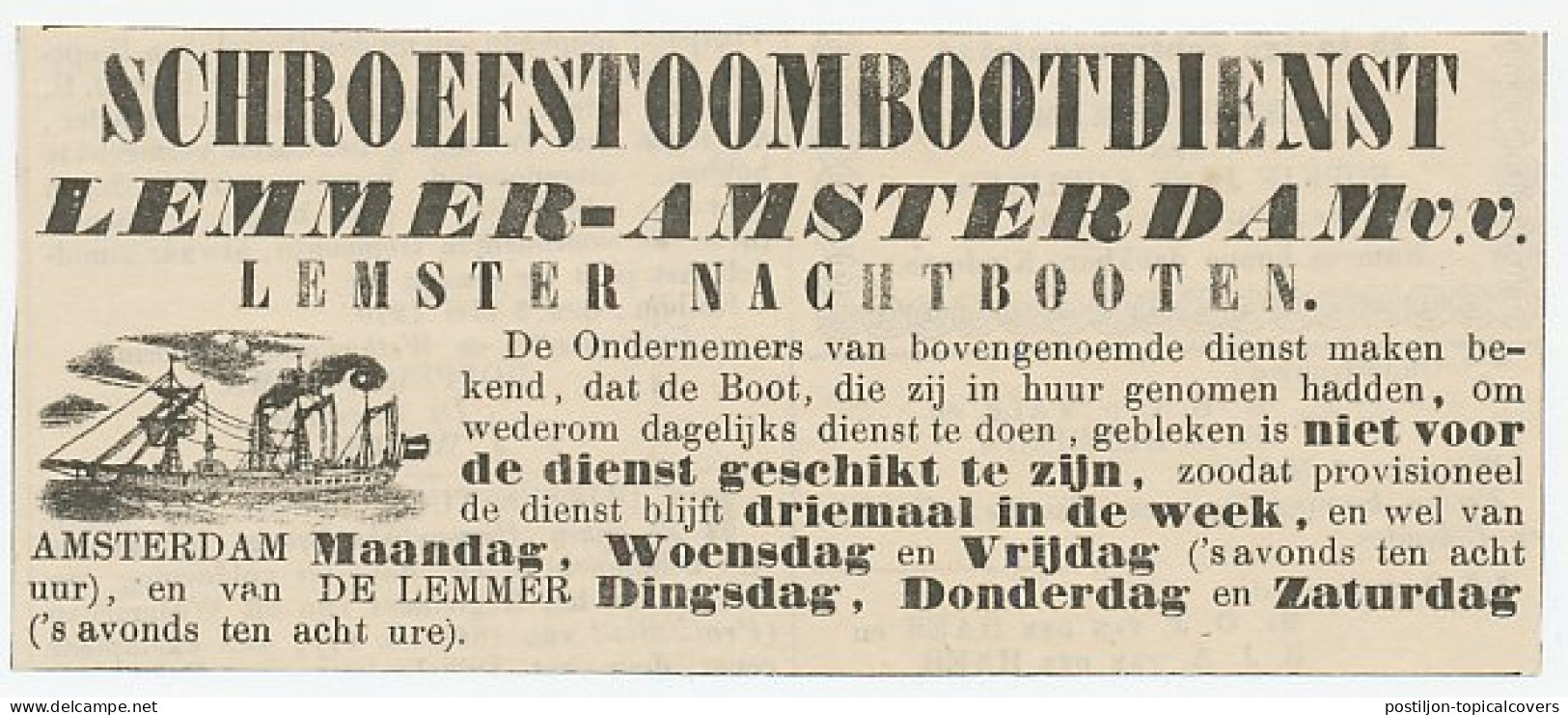 Advertentie 1870 Schroefstoombootdienst Lemmer - Amsterdam - Covers & Documents