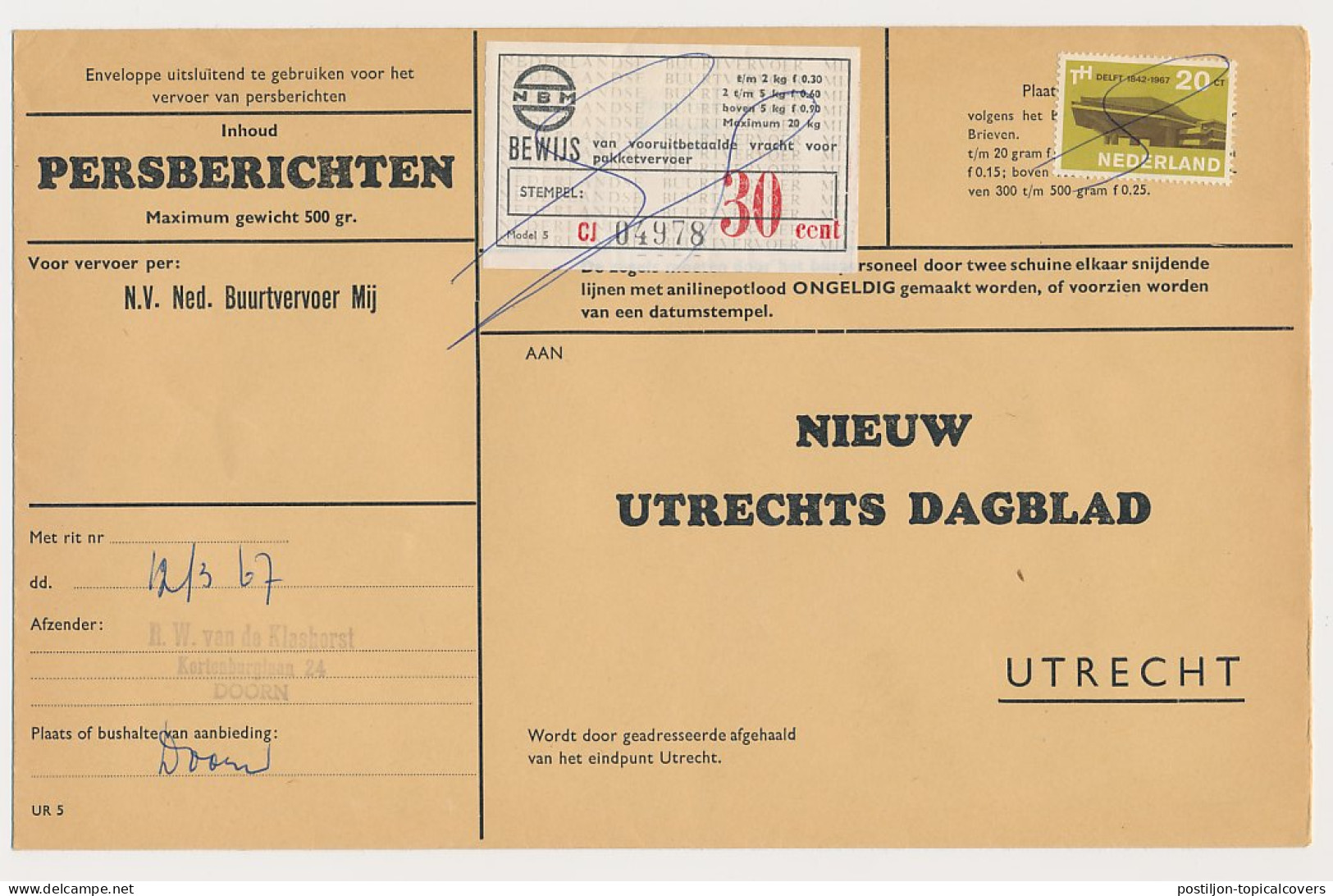 Doorn - Utrecht 1967 - Persbericht - NBM Vrachtzegel 30 Cent - Ohne Zuordnung