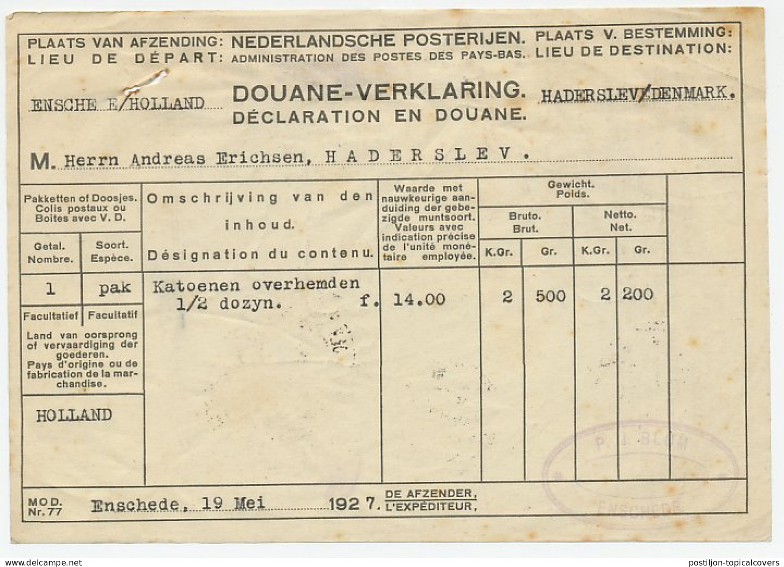 Em. Veth Pakketkaart Enschede - Denemarken 1927 - Unclassified