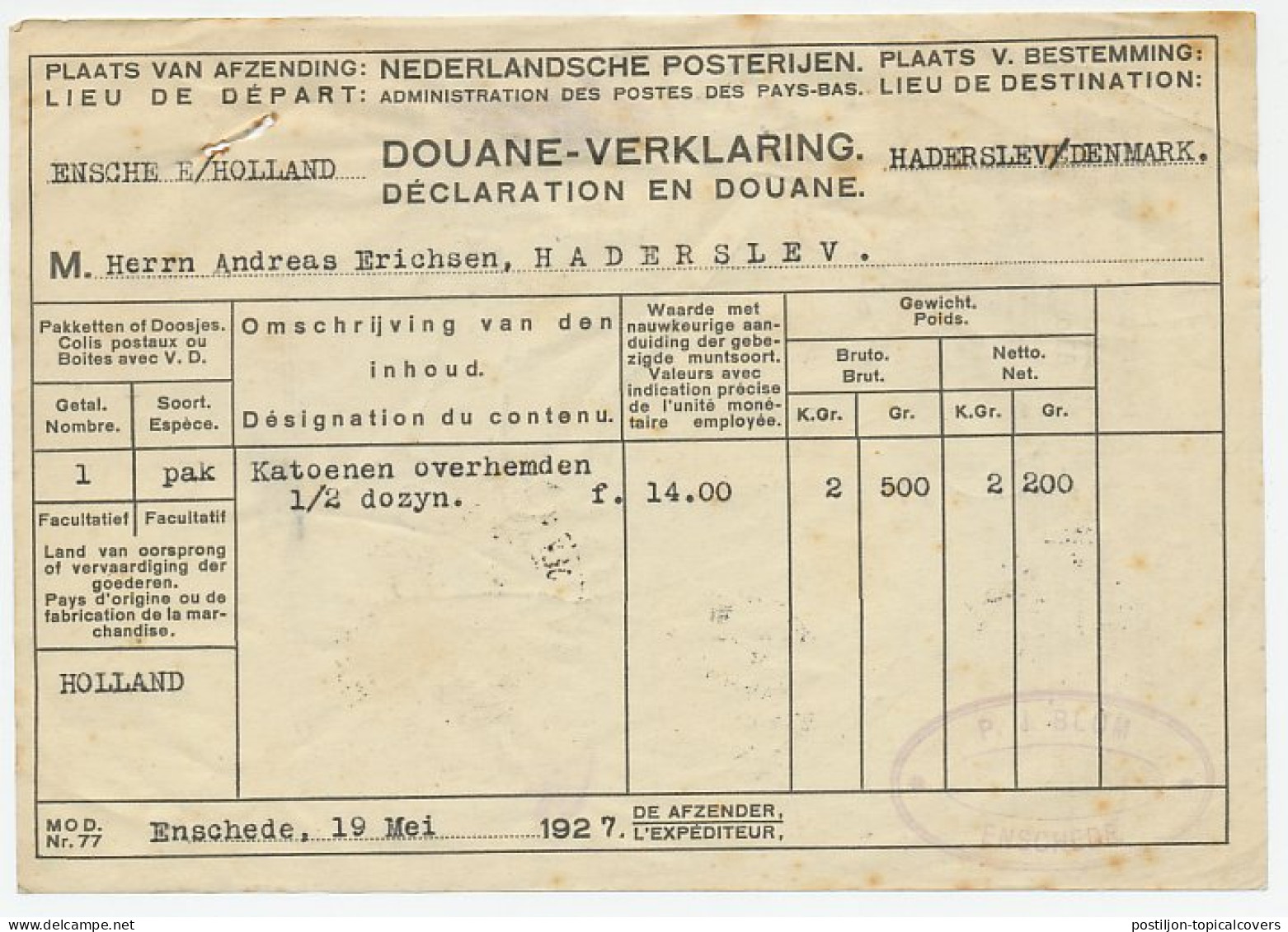 Em. Veth Pakketkaart Enschede - Denemarken 1927 - Ohne Zuordnung