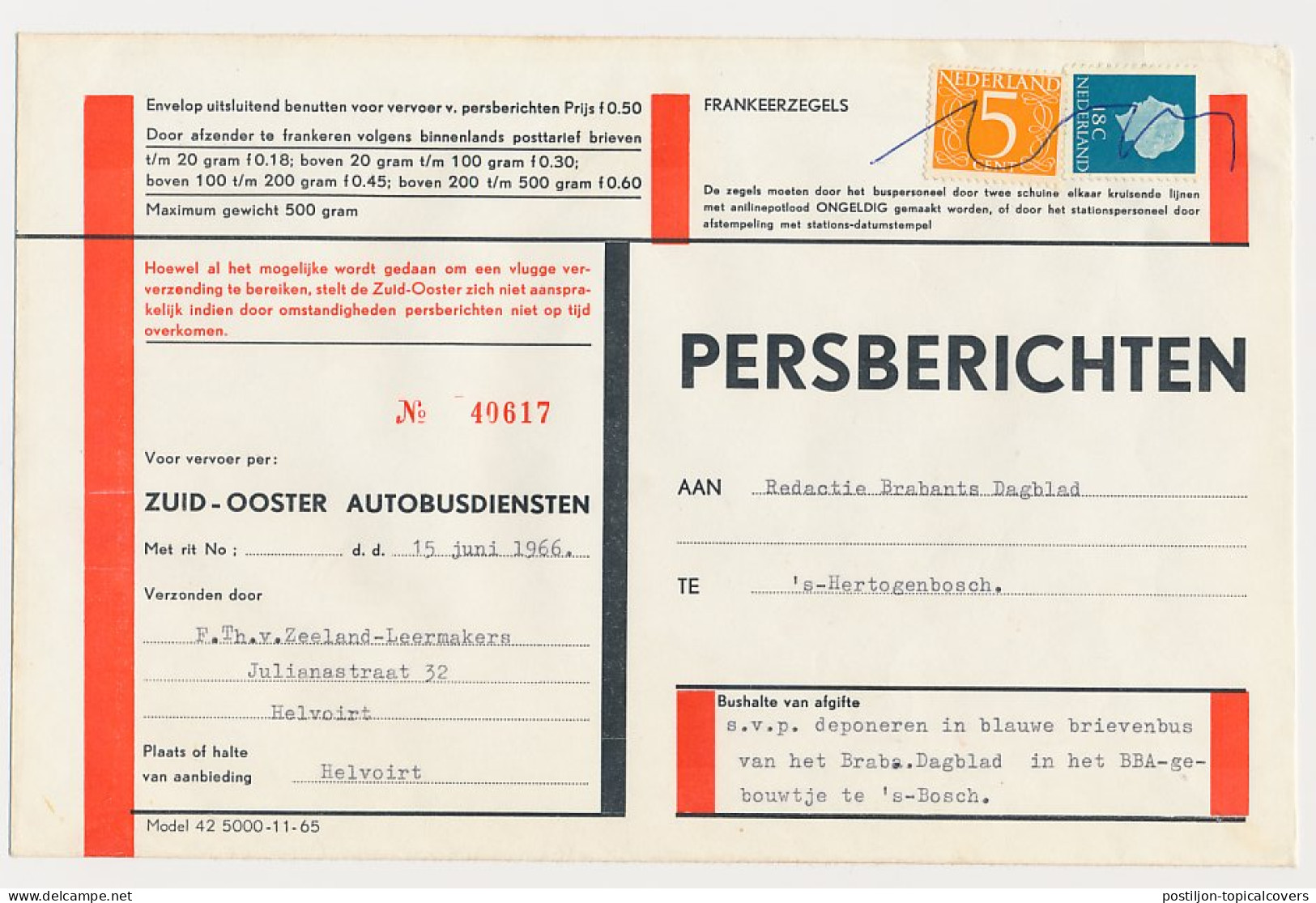 Helvoirt - S Hertogenbosch 1966 - Persbericht Z.O. Autobusdienst - Ohne Zuordnung