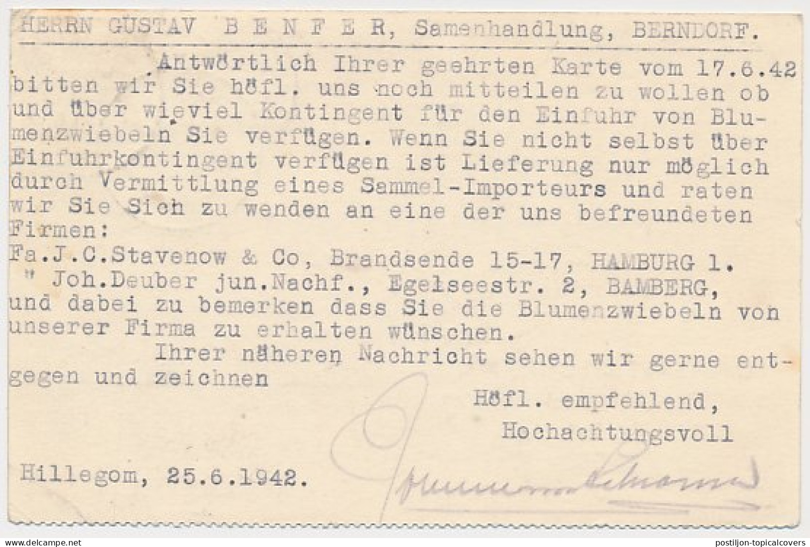 Firma Briefkaart Hillegom 1942 - Bloembollen - Ohne Zuordnung