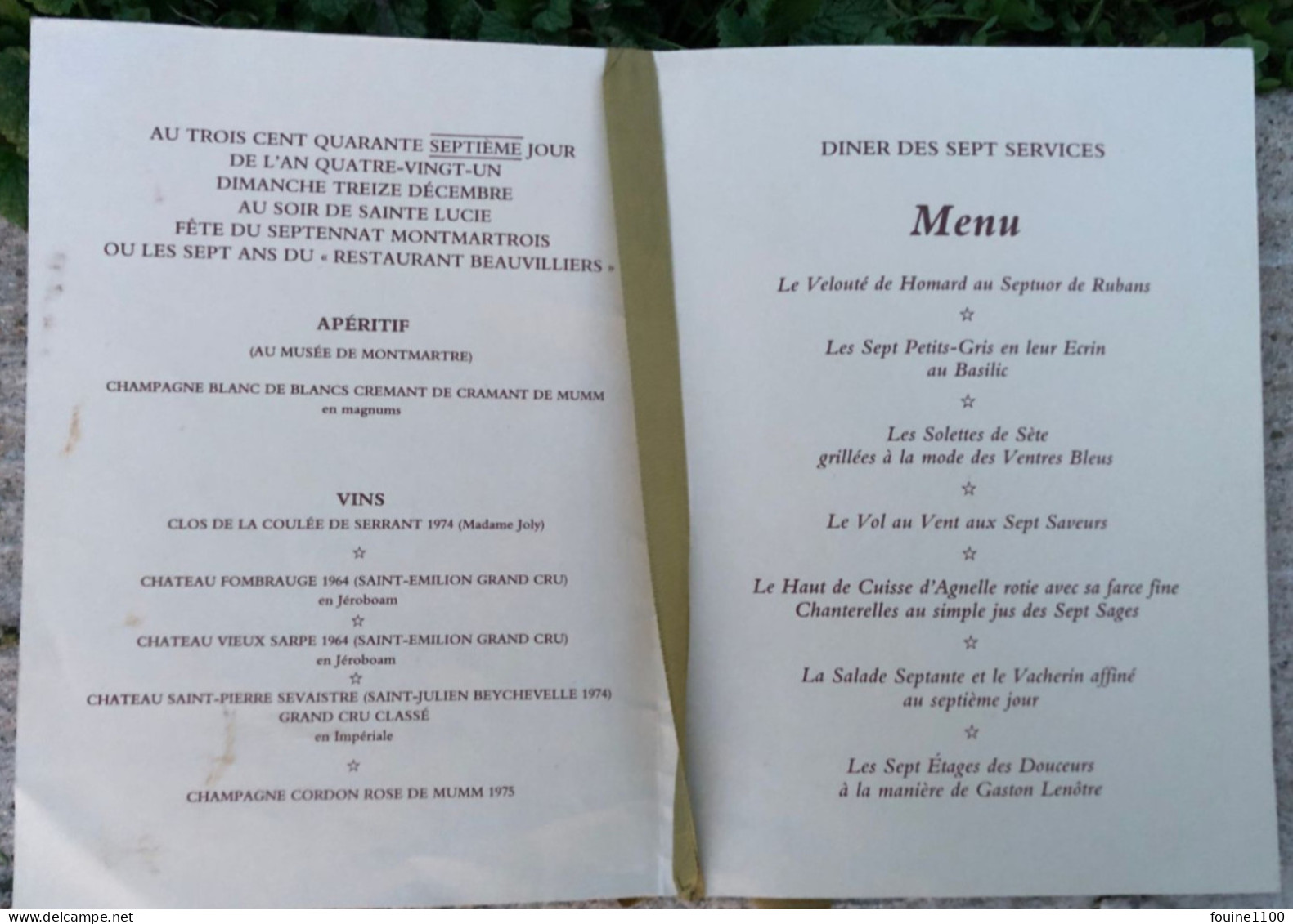 MENU LE SEPT ENNAT ( SEPTENNAT ) 1974 1981 Restaurant A. Beauvilliers 52 Rue Lamarck 75018 PARIS / Edouard CARLIER - Menus