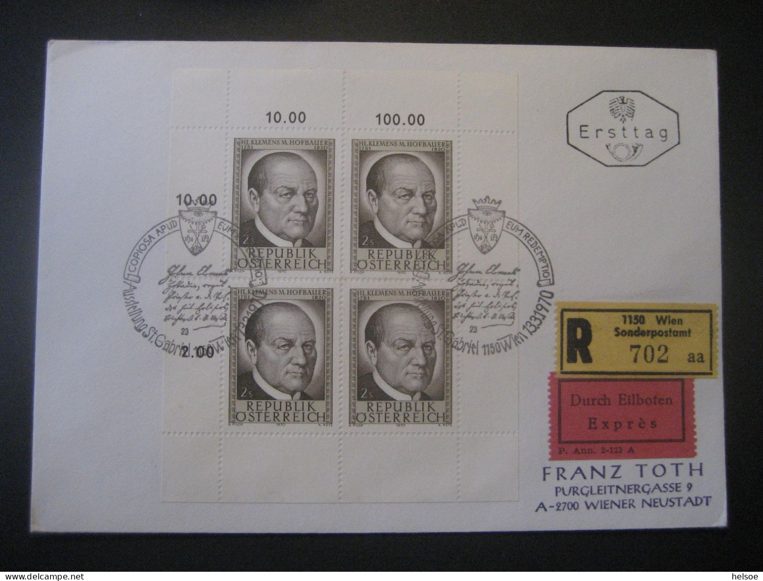 Österreich 1970- 150 Todestag Clemens Maria Hofbauer, FDC Express Gelaufen Mit MiNr. 1321 Von Wien Nach Wiener Neustadt - Storia Postale