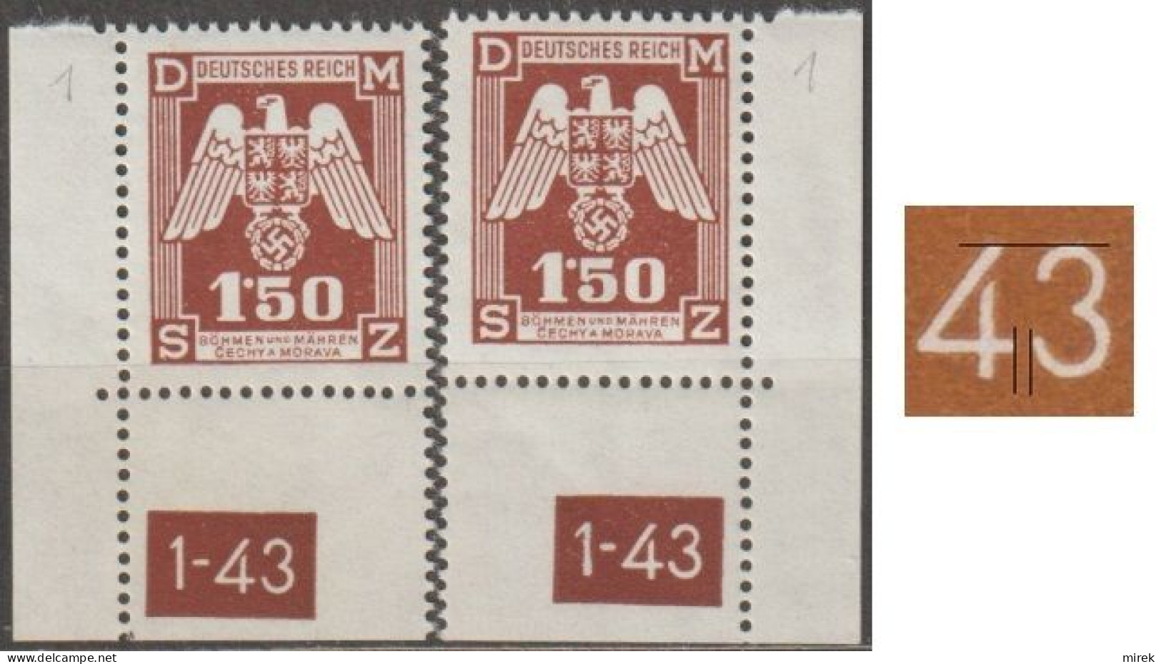023/ Pof. SL 20, Corner Stamps, Plate Number 1-43, Type 1, Var. 1 - Unused Stamps