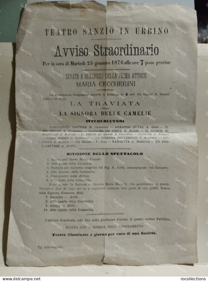 Italia TEATRO SANZIO IN URBINO 25 Gennaio 1876 Serata A Beneficio Dell'attrice  MARIA CACCHERINI. La Traviata. - Affiches