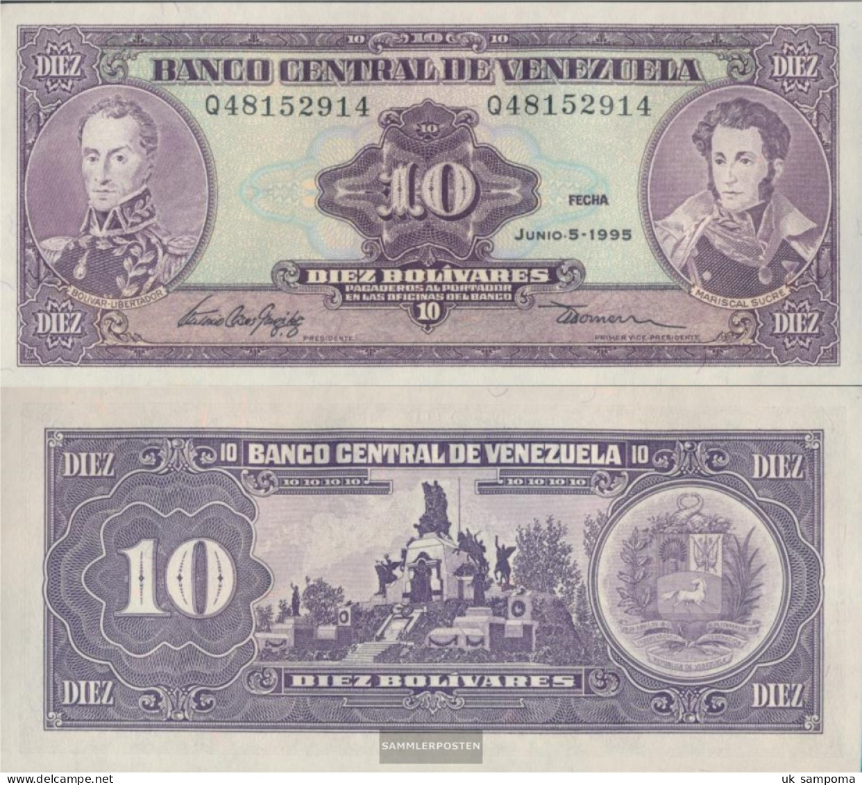 Venezuela Pick-number: 61d Uncirculated 1995 10 Bolivares - Venezuela