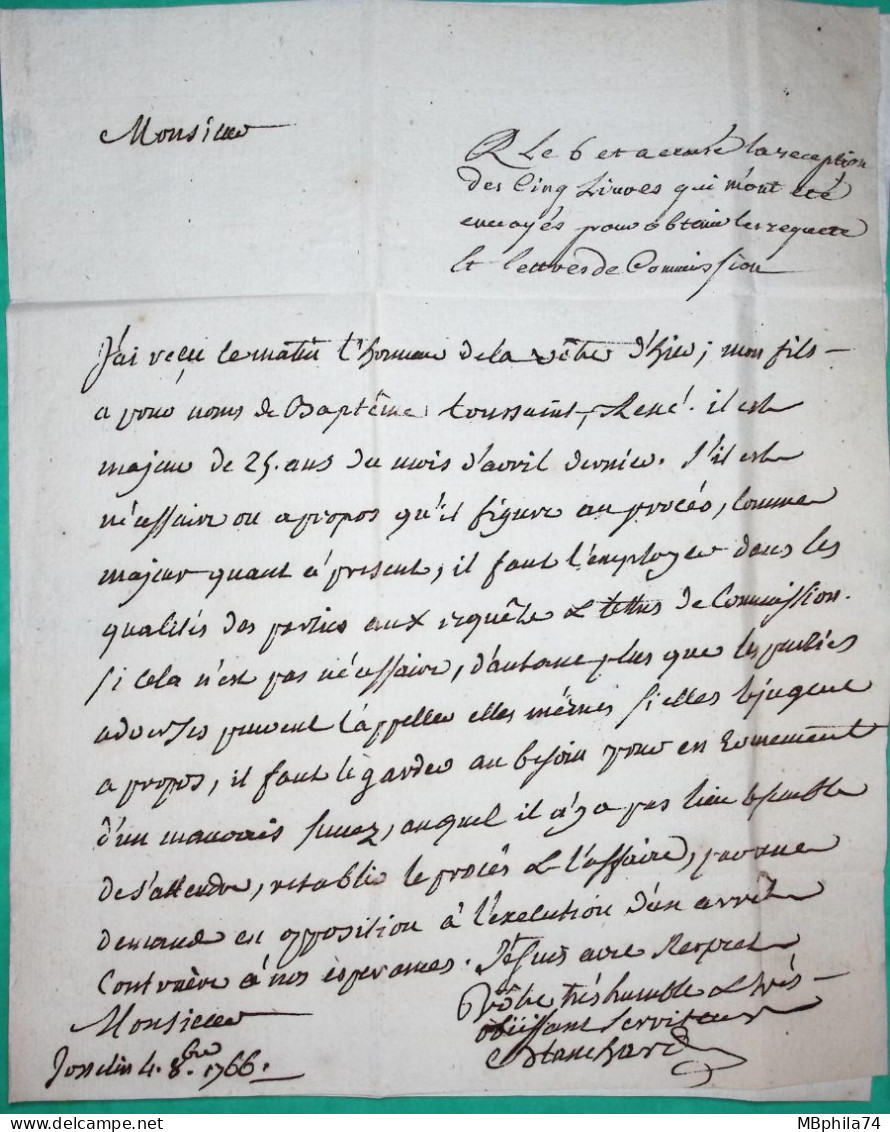 MARQUE SEC PLOERMEL MORBIHAN DEPART JOSSELIN POUR RENNES ILLE ET VILAINE LN N°4A 1766 LETTRE COVER FRANCE - 1701-1800: Précurseurs XVIII