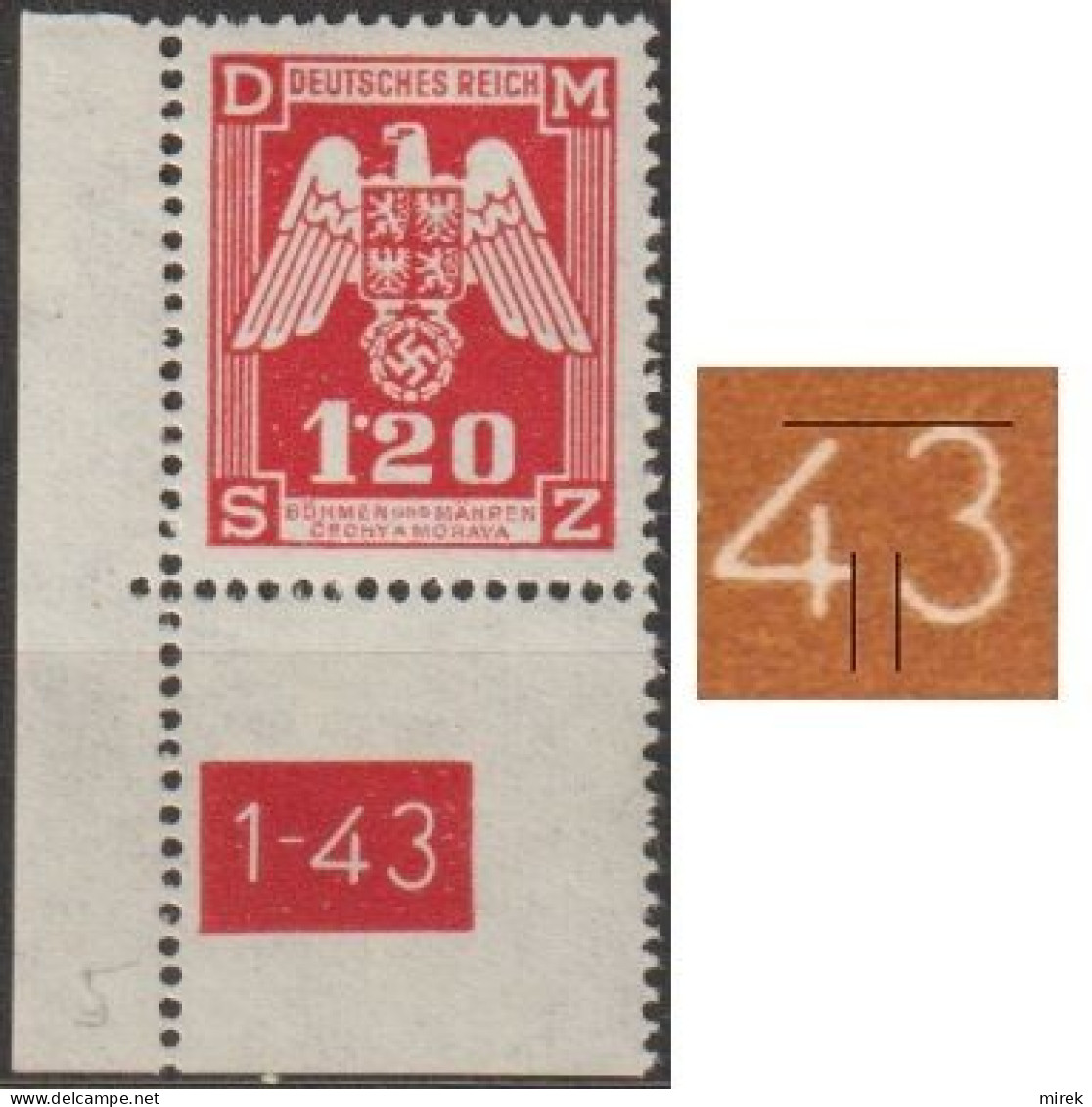 026/ Pof. SL 19, Corner Stamp, Plate Number 1-43, Type 2, Var. 5 - Unused Stamps