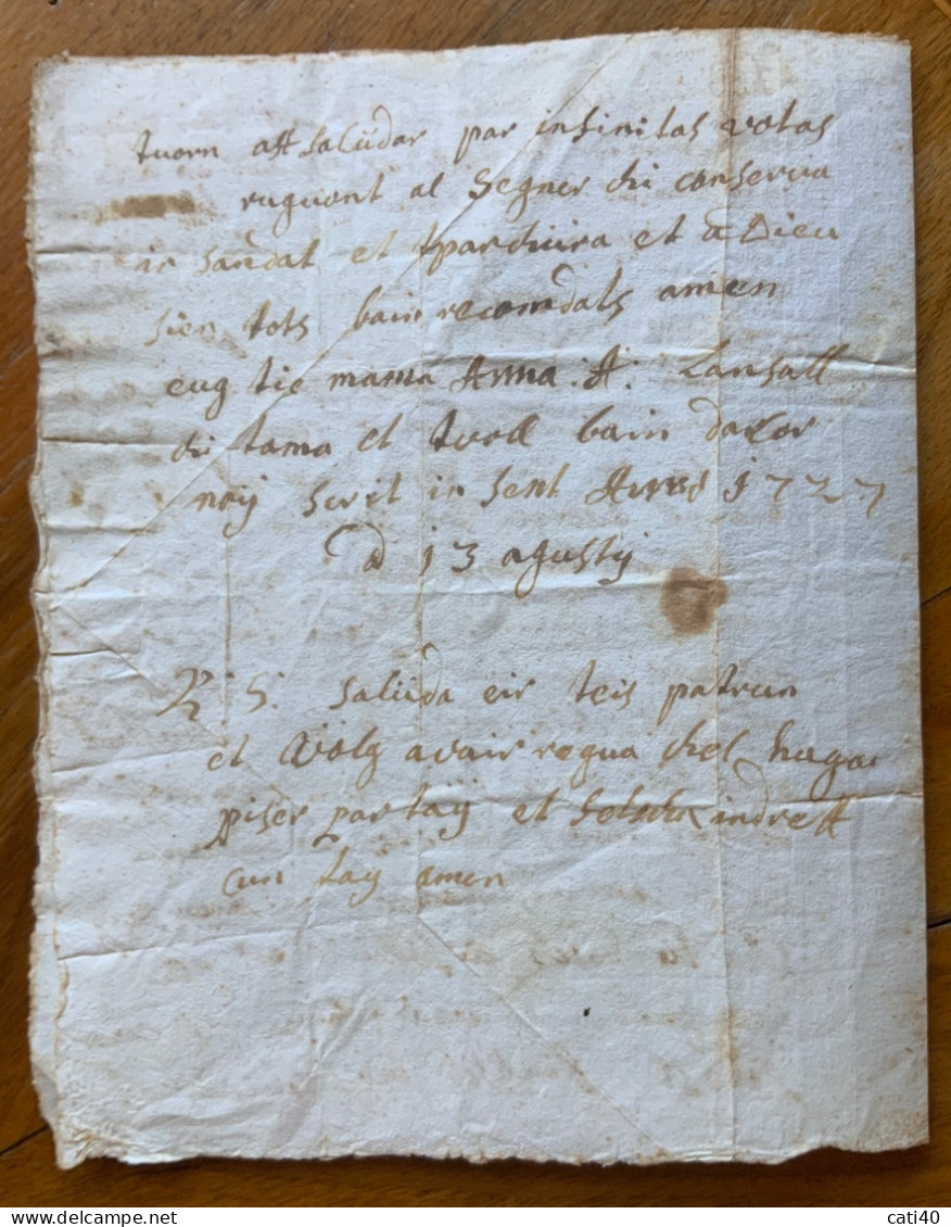 ANTICA LETTERA DEL 13 AGOSTO 1727 DALL'ESTERO PER "...propij In Italia A Palii..., " ? ....da Decifrare - Documents Historiques