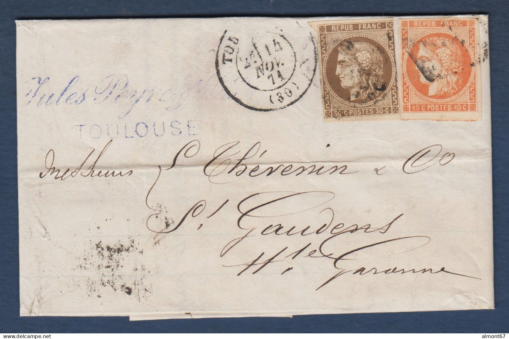 Bordeaux N° 47 ( Court à Droite ) Et 48  TB Sur Lettre De Toulouse - 1870 Emission De Bordeaux