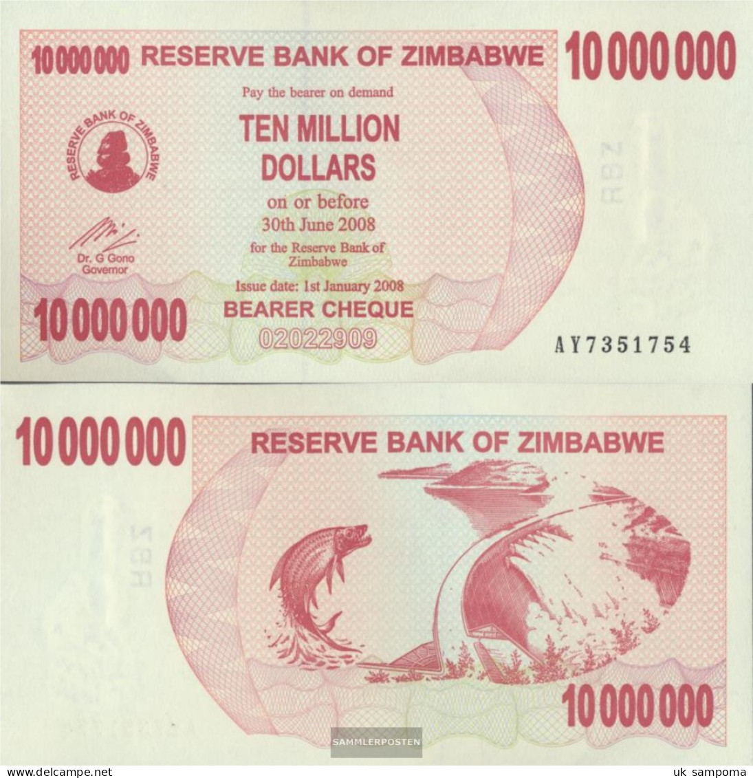 Zimbabwe Pick-number: 55a Uncirculated 2008 10 Million. Dollars - Zimbabwe