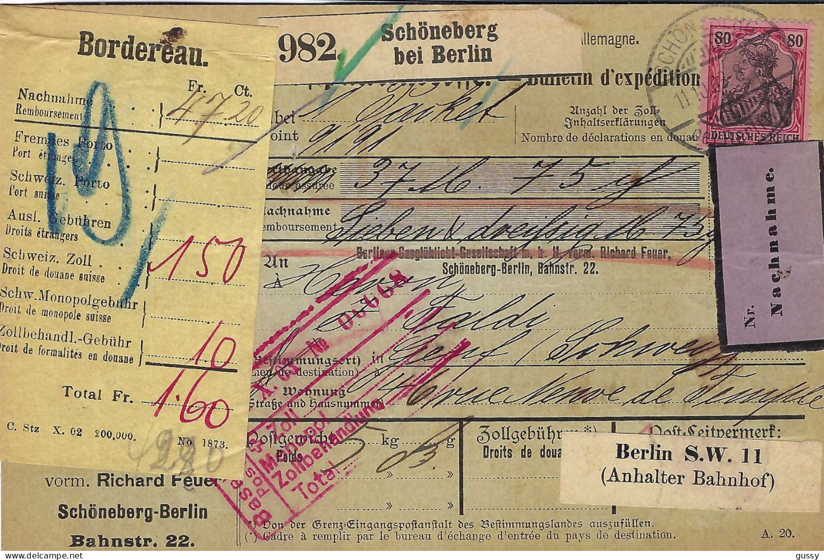 ALLEMAGNE Ca.1908: Bulletin D'Expédition CR De Schöneberg Bei Berlin Pour Genève (Suisse) - Covers & Documents
