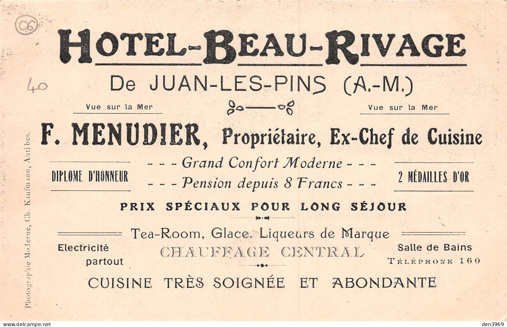 JUAN-les-PINS (Alpes-Maritimes) - Hôtel Beau-Rivage, F. Menudier - Publicité Au Verso (2 Scans) - Juan-les-Pins