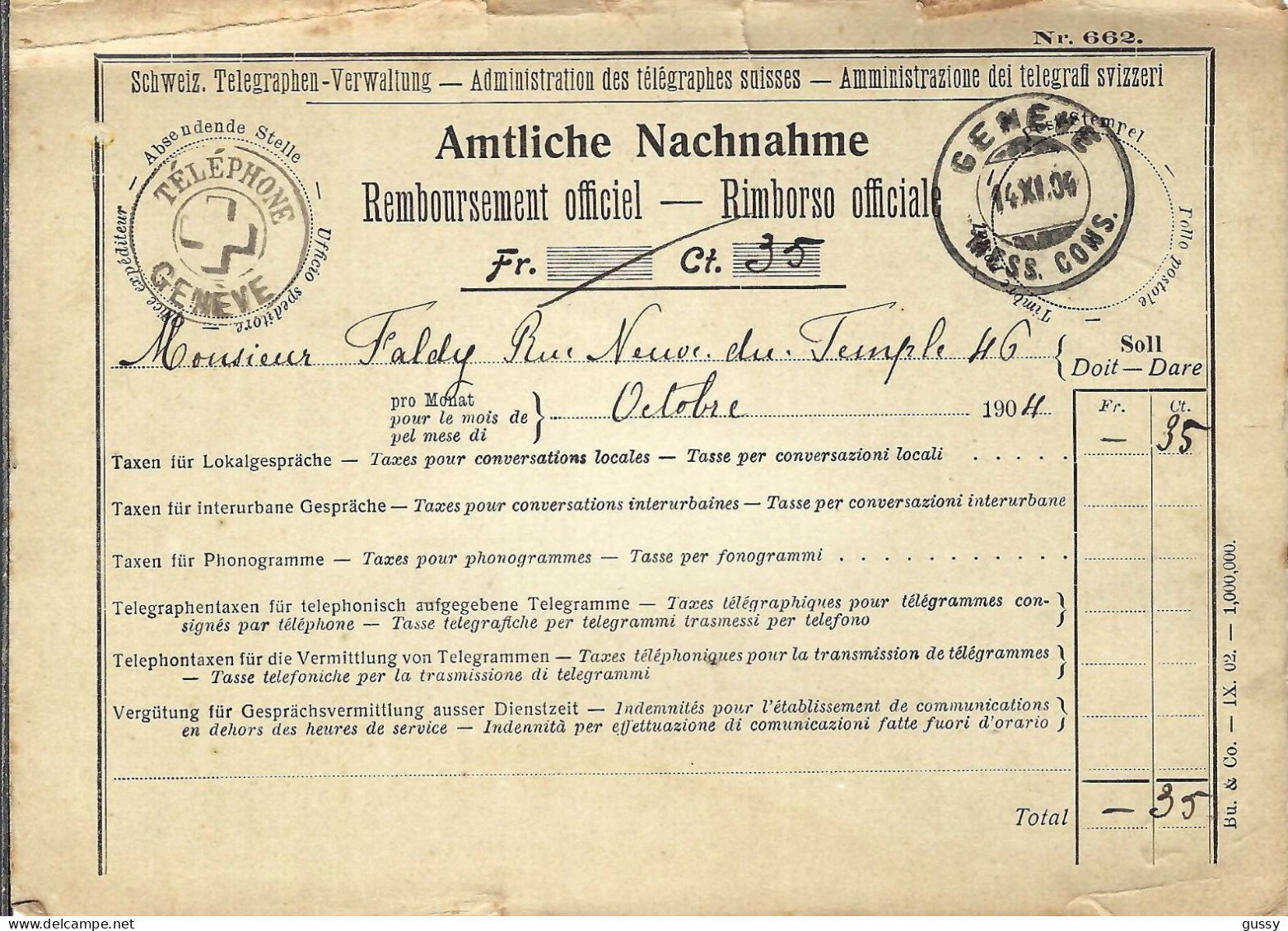 SUISSE Ca.1904: CP De Remboursement CR Des PTT à Genève Pour Paiement De L'Abonnement Mensuel Au Téléphone, En Franchise - Covers & Documents