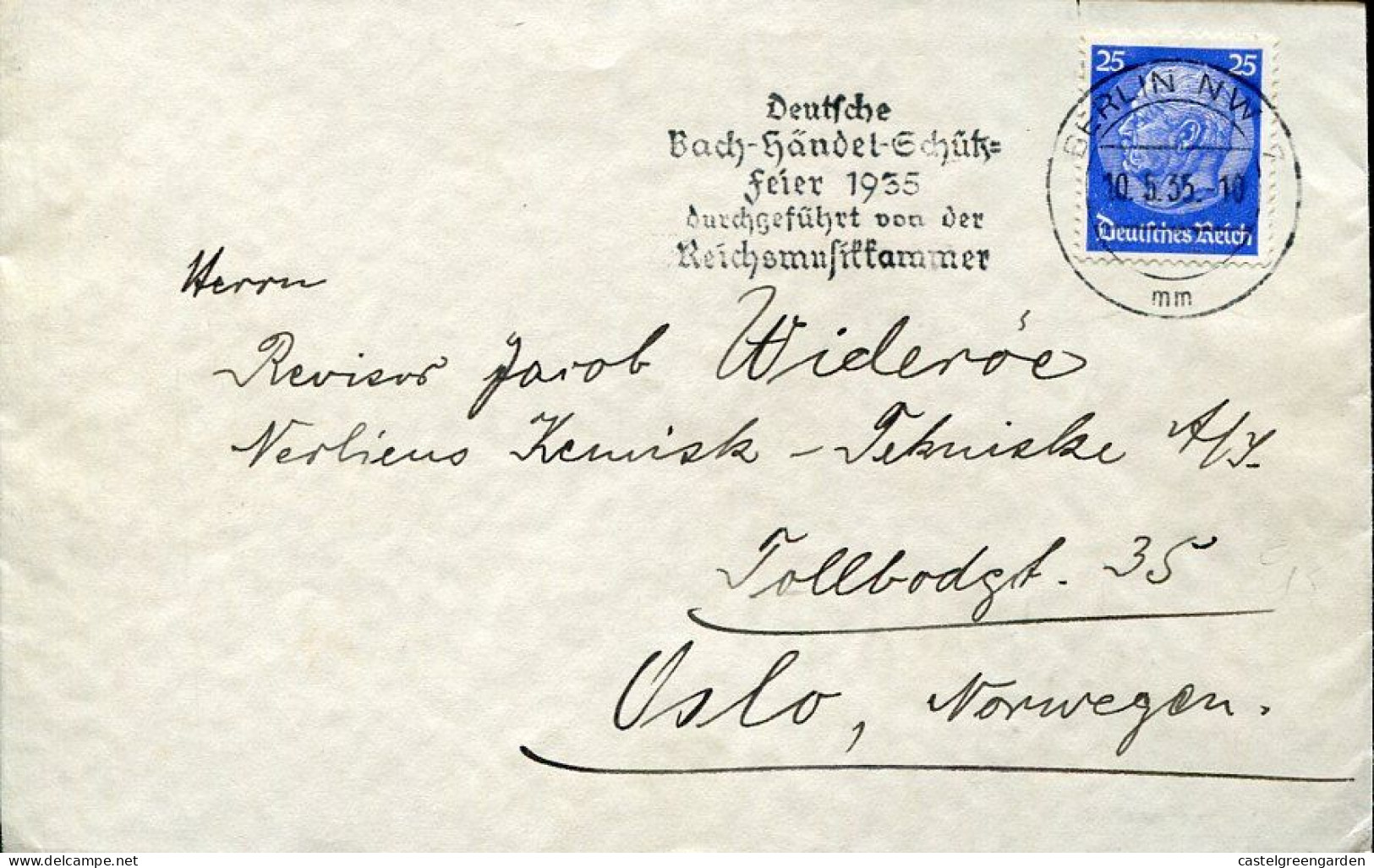 X0582 Germany Reich,circuled Cover To Oslo 1935 With Postmark Slogan J.s. Bach - Handel - Schutz Fest 1935 - Musique