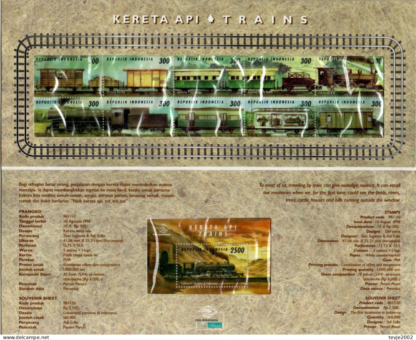 Indonesien 1998 - Mi.Nr. 1805 - 1814 + Block 133 - Postfrisch MNH - Eisenbahnen Railways - Trains