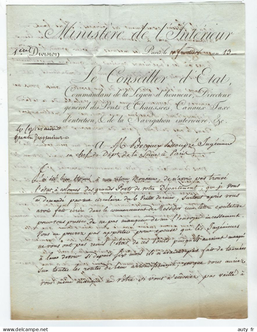 Lettre Du Ministère De L'Intérieur 10 Fructidor An XIII En Franchise - Conseiller D'Etat Ponts Et Chaussées - Lettres Civiles En Franchise