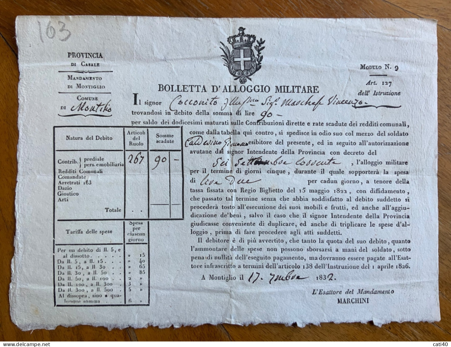 BOLLETTA D'ALLOGGIO MILITARE - PROV. DI CASALE COMUNE DI MONTIGLIO - MARCHESE VINCENZO COCCONITO 17 Settembre 1832 - Documents Historiques