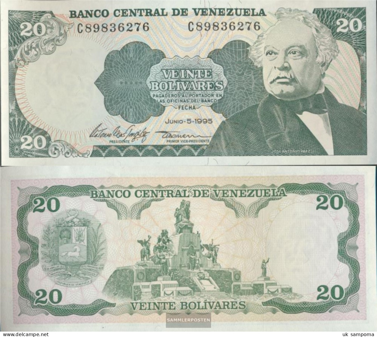 Venezuela Pick-number: 63e Uncirculated 1995 20 Bolivares - Venezuela