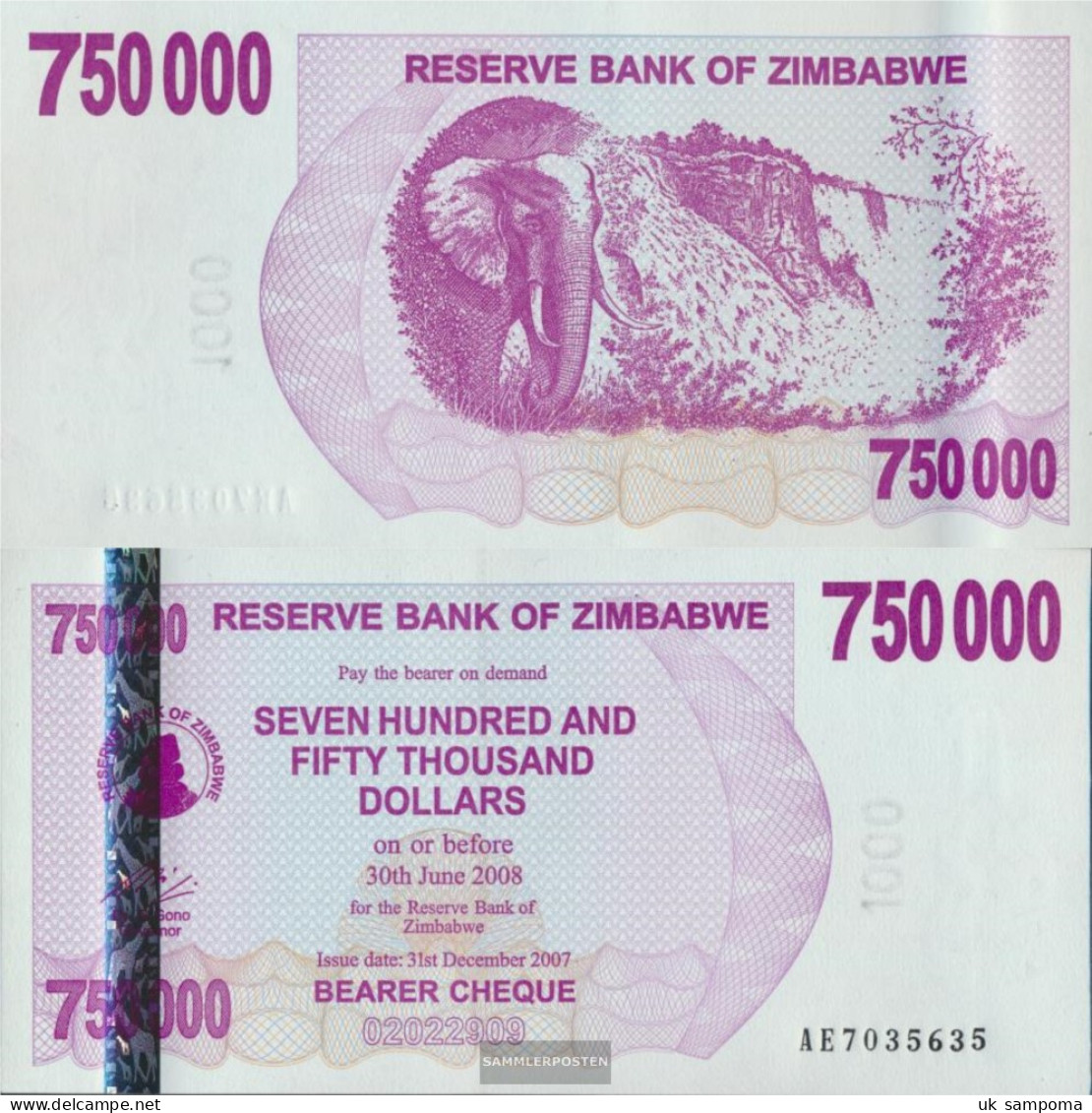 Zimbabwe Pick-number: 52 Uncirculated 2007 750.000 US Dollars - Zimbabwe