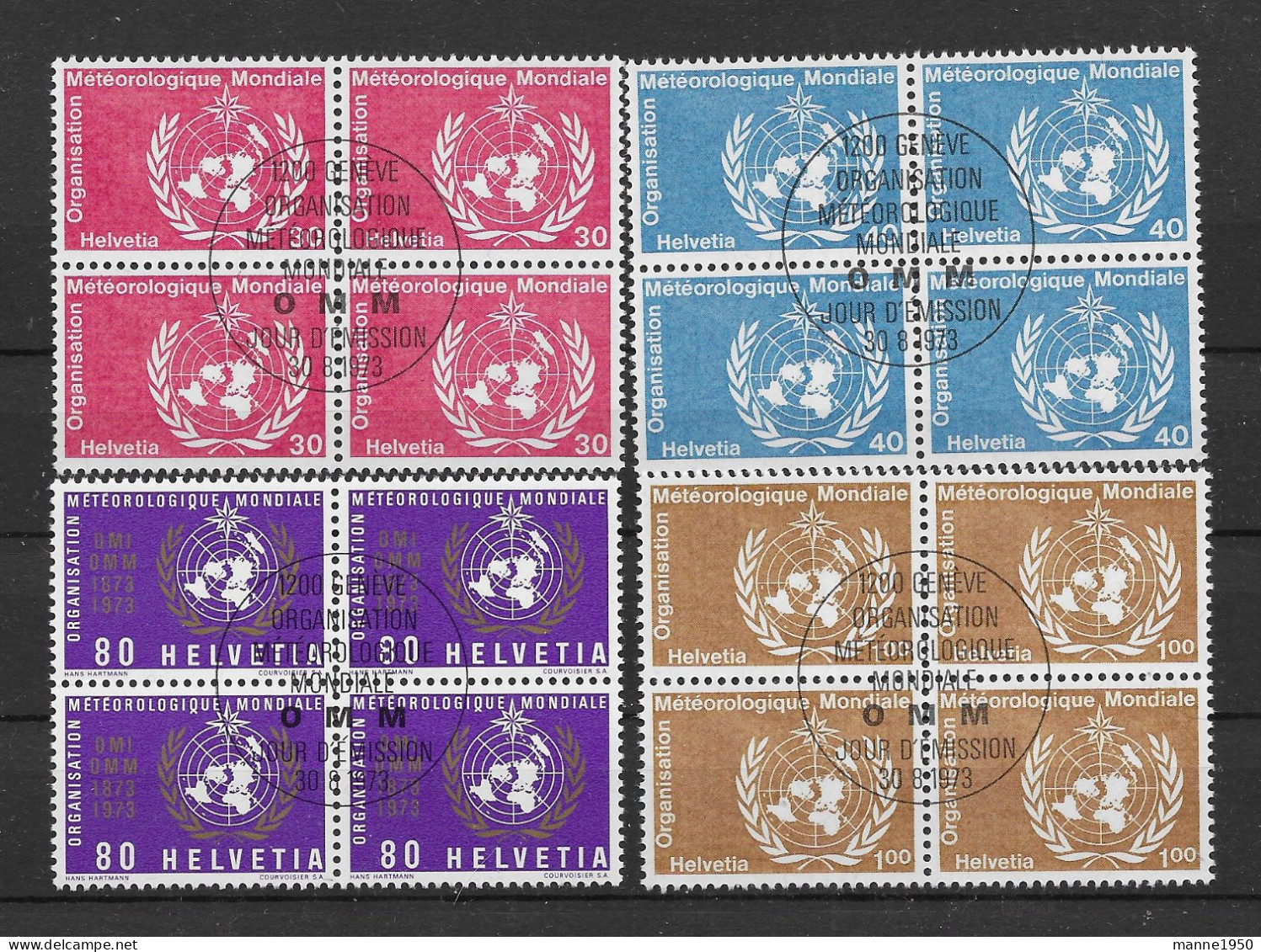 Schweiz 1973 WMO-Emblem Mi.Nr. 10/13 Kpl. 4er Blocksatz Gestempelt - Officials