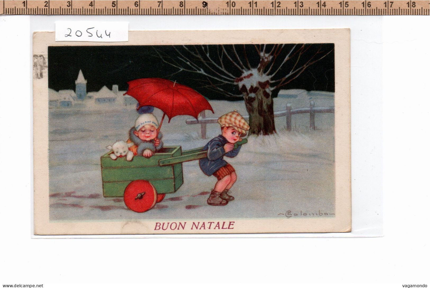 20544  BUON NATALE  BIMBI CARRETTO OMBRELLINO CAGNOLINO INNEVATA FIRMATA COLOMBO1931 - Andere & Zonder Classificatie