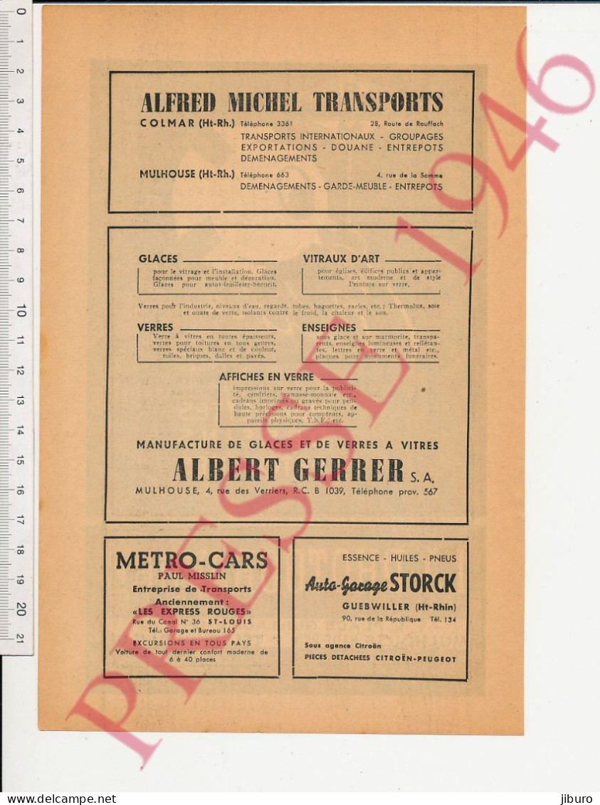 Publicité 1946 Gueiroard Mulhouse + Alfred Michel Transports Colmar Albert Gerrer Paul Misslin Storck Guebwiller - Unclassified