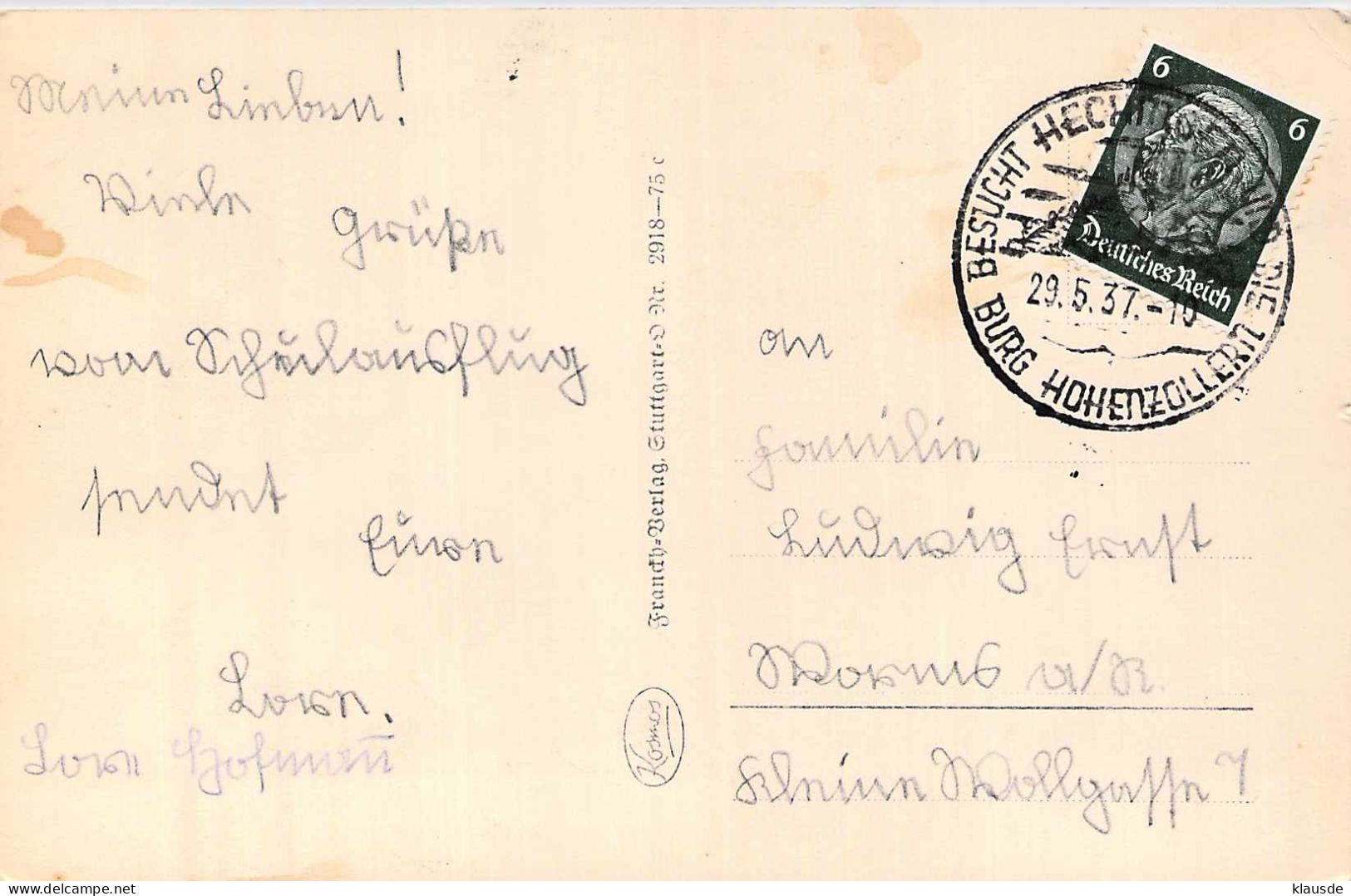 Burg Hohenzollern (Hechingen) Gel.1937 (SST) - Hechingen