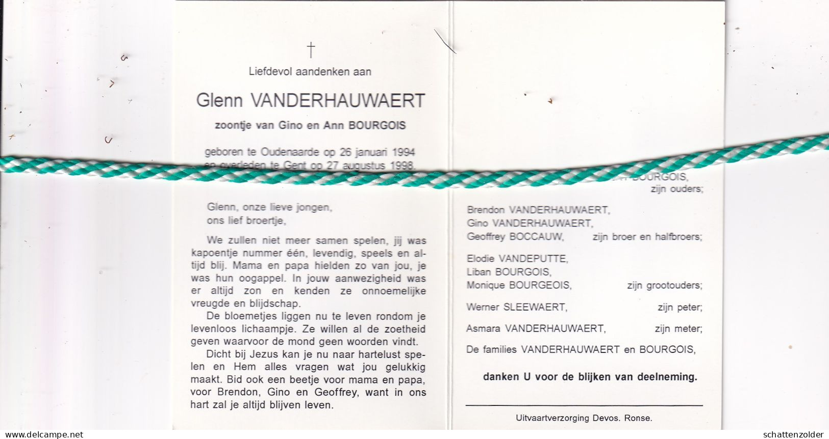 Glenn Vanderhauwaert-Bourgois, Oudenaarde 1994, Gent 1998. Foto - Décès