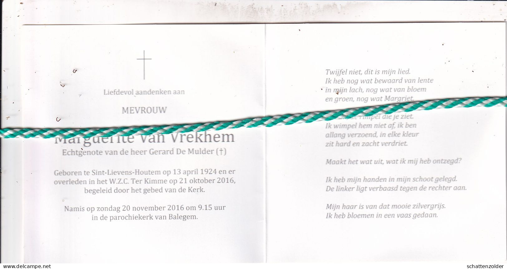 Marguerithe Van Vrekhem-De Mulder, Sint-Lievens-Houtem 1924, 2016. Foto - Décès
