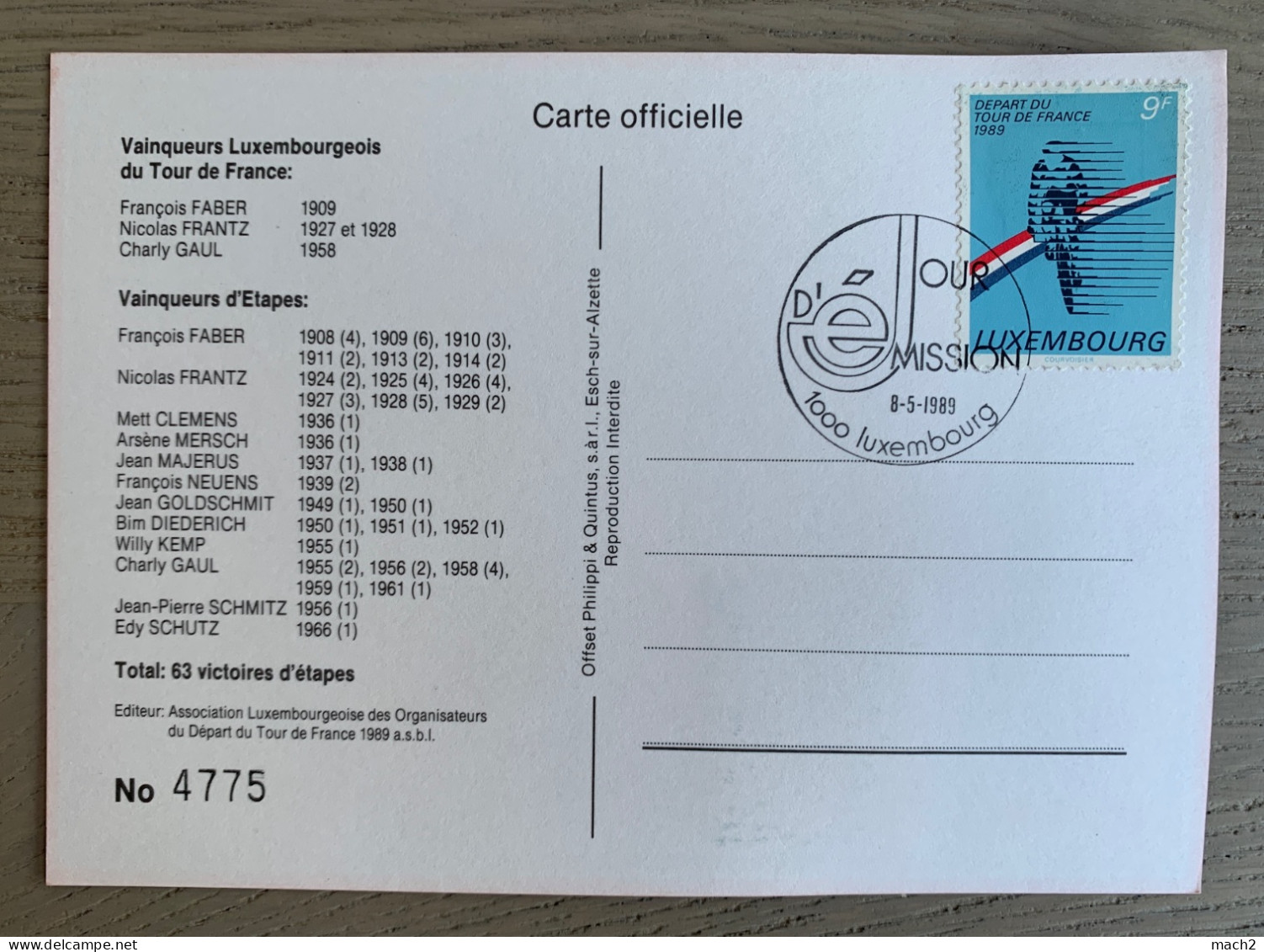Carte Départ Tour De France Luxembourg 8/05/1989 1er Jour, Signée Charly GAUL - Wielrennen