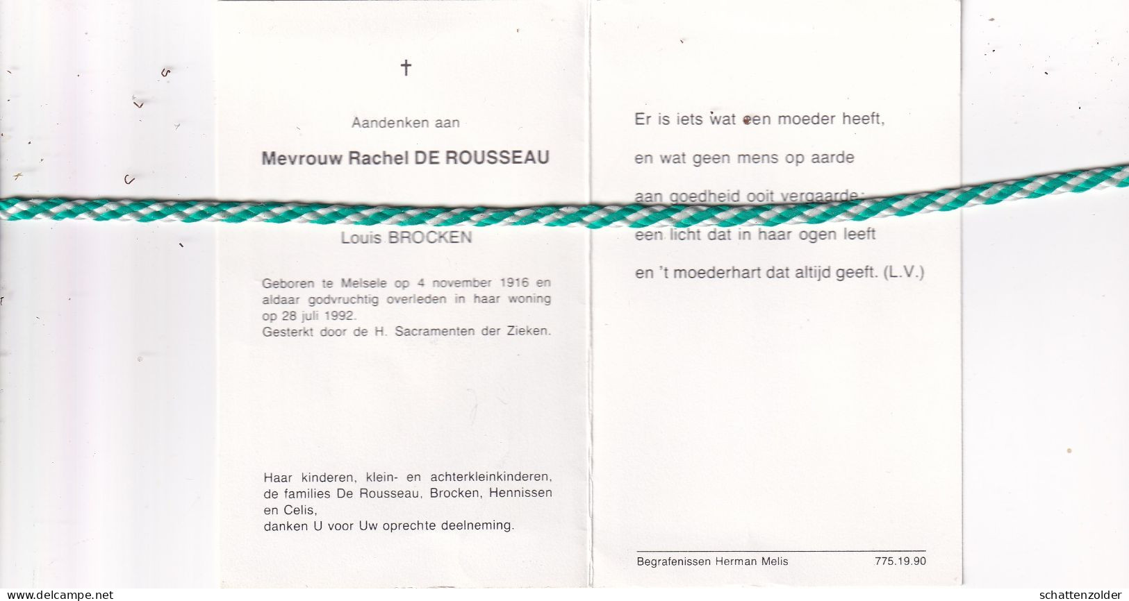 Rachel De Rousseau-Brocken, Melsele 1916, 1992. - Todesanzeige