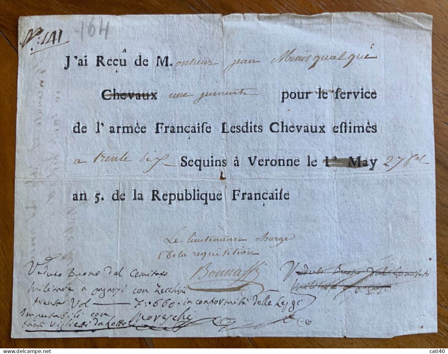 ARMEE FRANCAISE - BUONO PER SERVIZIO  COMITATO DA PAGARSI CON ZECCHINI 7,660 ...27 MAY An.5 De La REPUBLIQUE FRANCAISE.. - Historische Dokumente