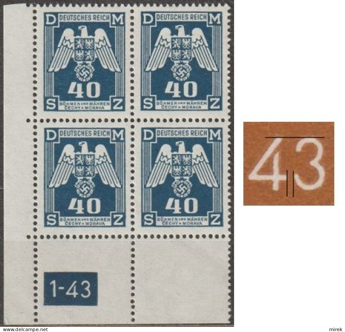 038/ Pof. SL 14, Corner 4-block, Plate Number 1-43, Type 1 - Ungebraucht
