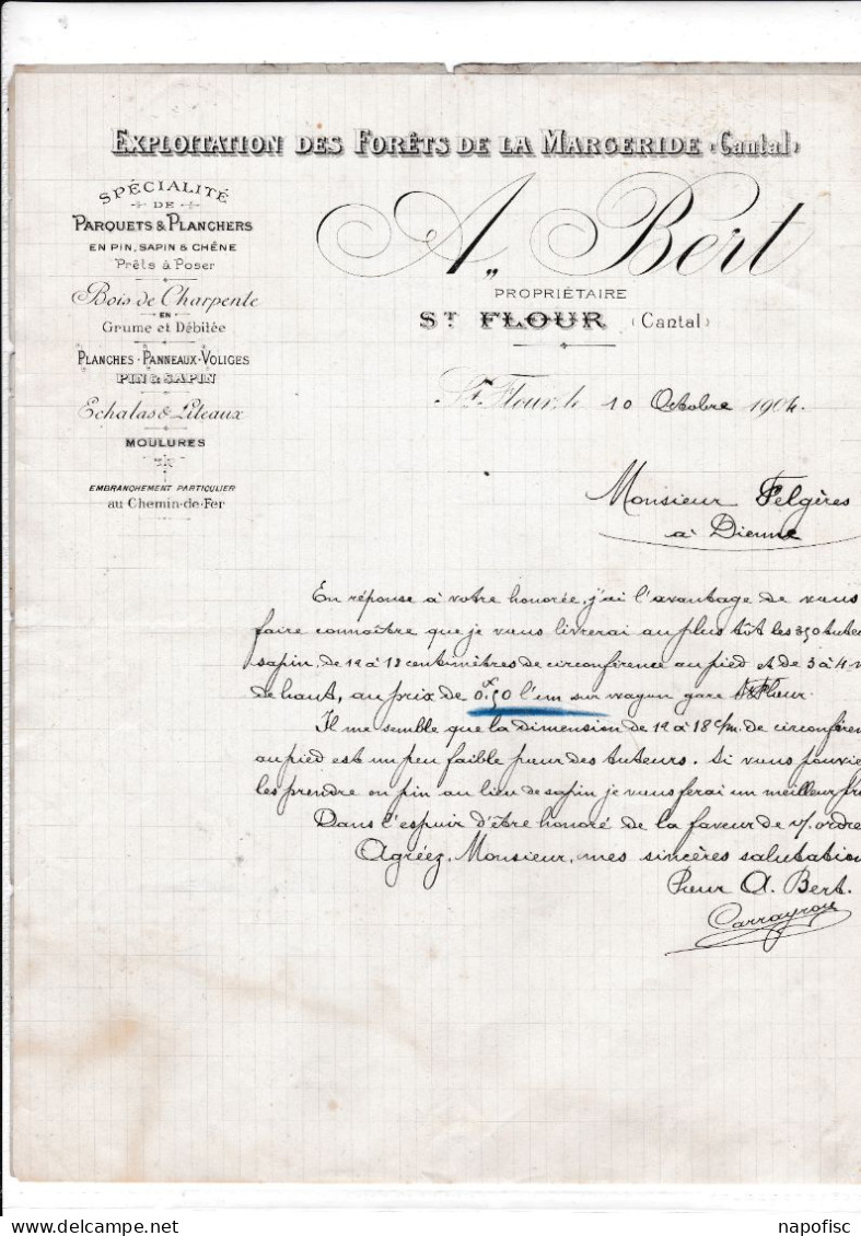 15-A.Bert...... Exploitation Des Forêts De La Margeride, Parquets & Planchers...Saint-Flour.....(Cantal)...1904 - Agricultura