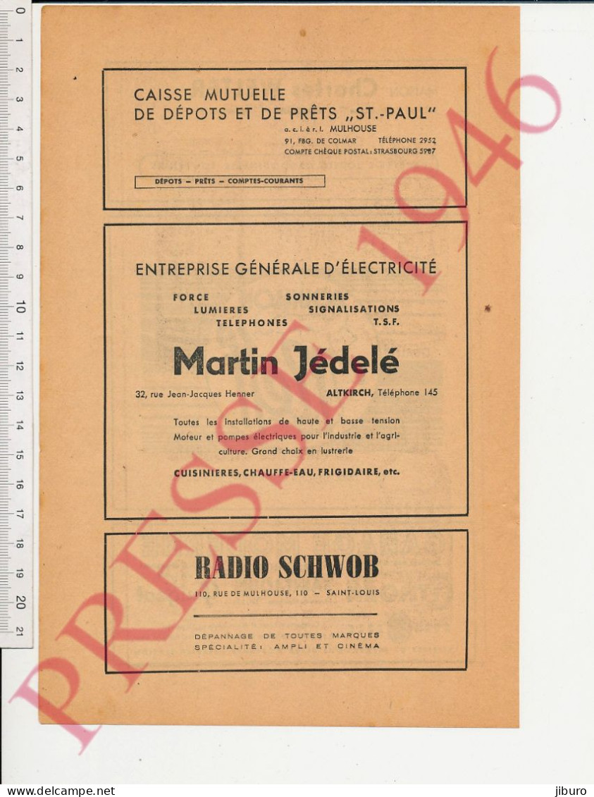 Publicité 1946 Charles Welter Saint-Louis 68 Garage Schieb Bouillon Neff Thann Martin Jédelé Altkirch Radio Schwob - Non Classés