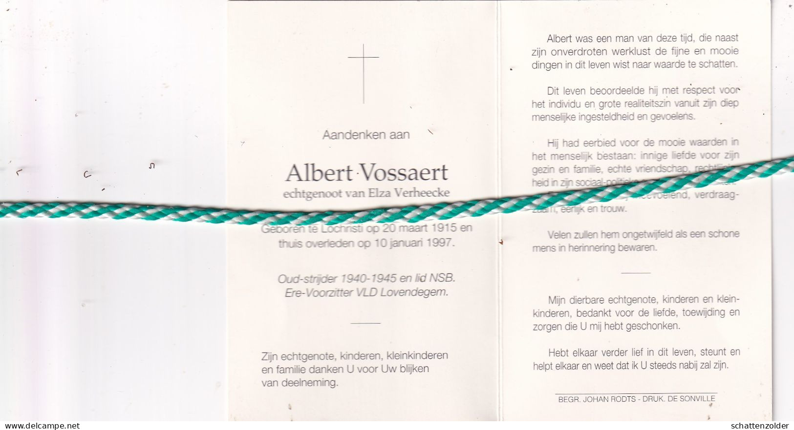 Albert Vossaert-Verheecke, Lochristi 1915, 1997. Oud-strijder 40-45; Foto - Obituary Notices