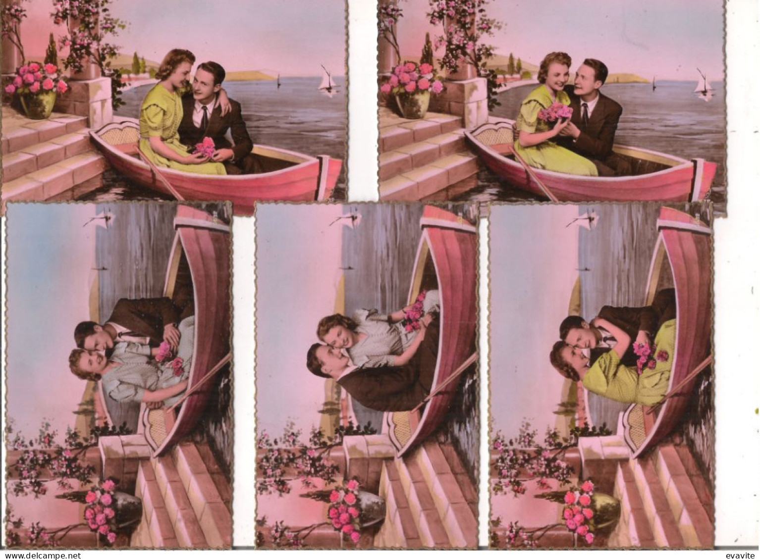 Lot De 5 CPA Rose P.C. Paris  -  Couple D'Amoureux Dans Une Barque - Couples